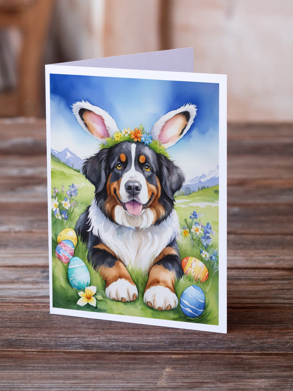 Bernese Mountain Dog Easter Egg Hunt Greeting Cards Pack of 8 Blank Cards with Envelopes Whimsical A7 Size 5x7