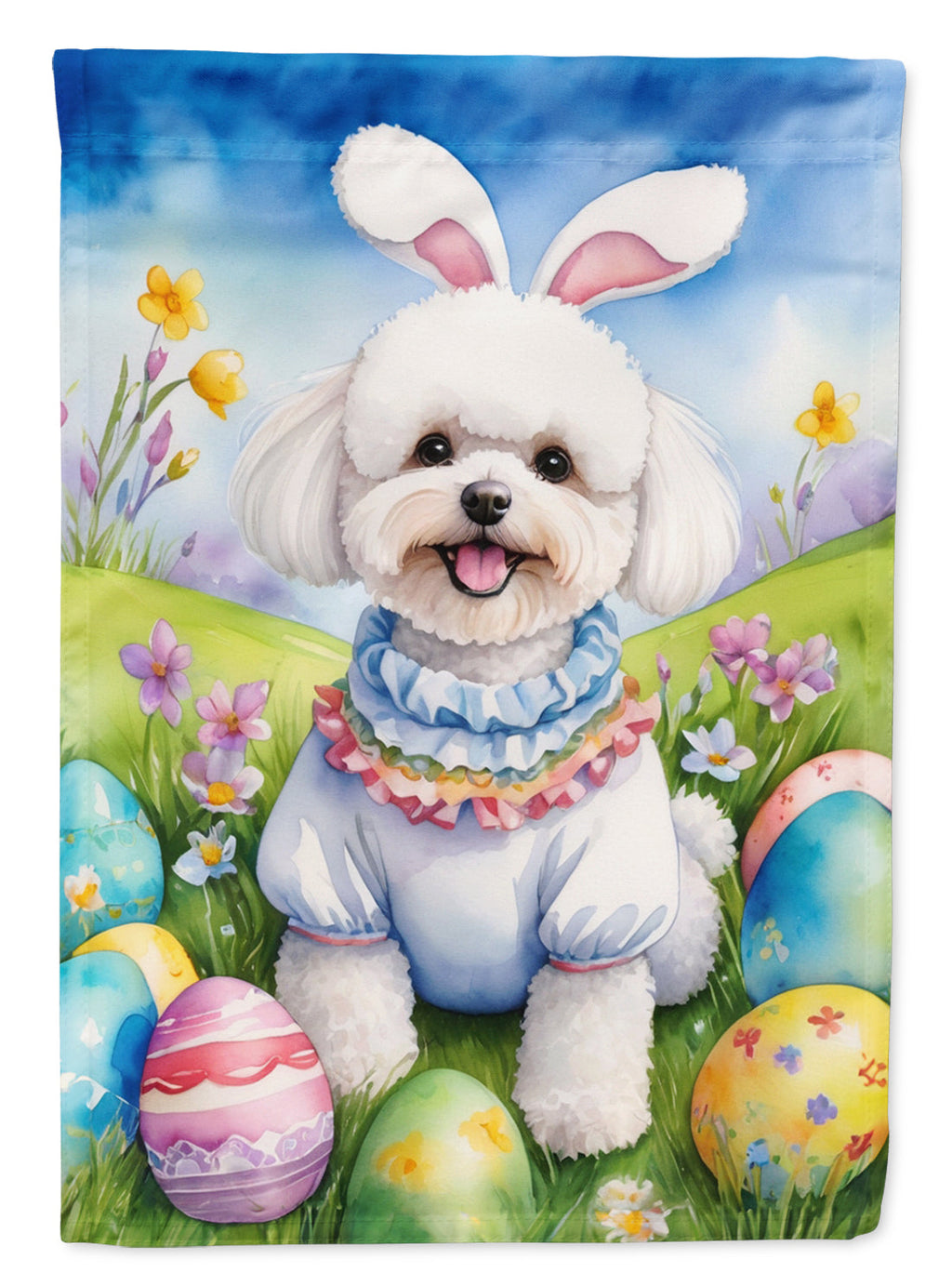 Bichon Frise Easter Egg Hunt House Flag 28x40 Porch Sleeve Pole Decorative Outside Yard Banner Artwork Wall Hanging, Polyester
