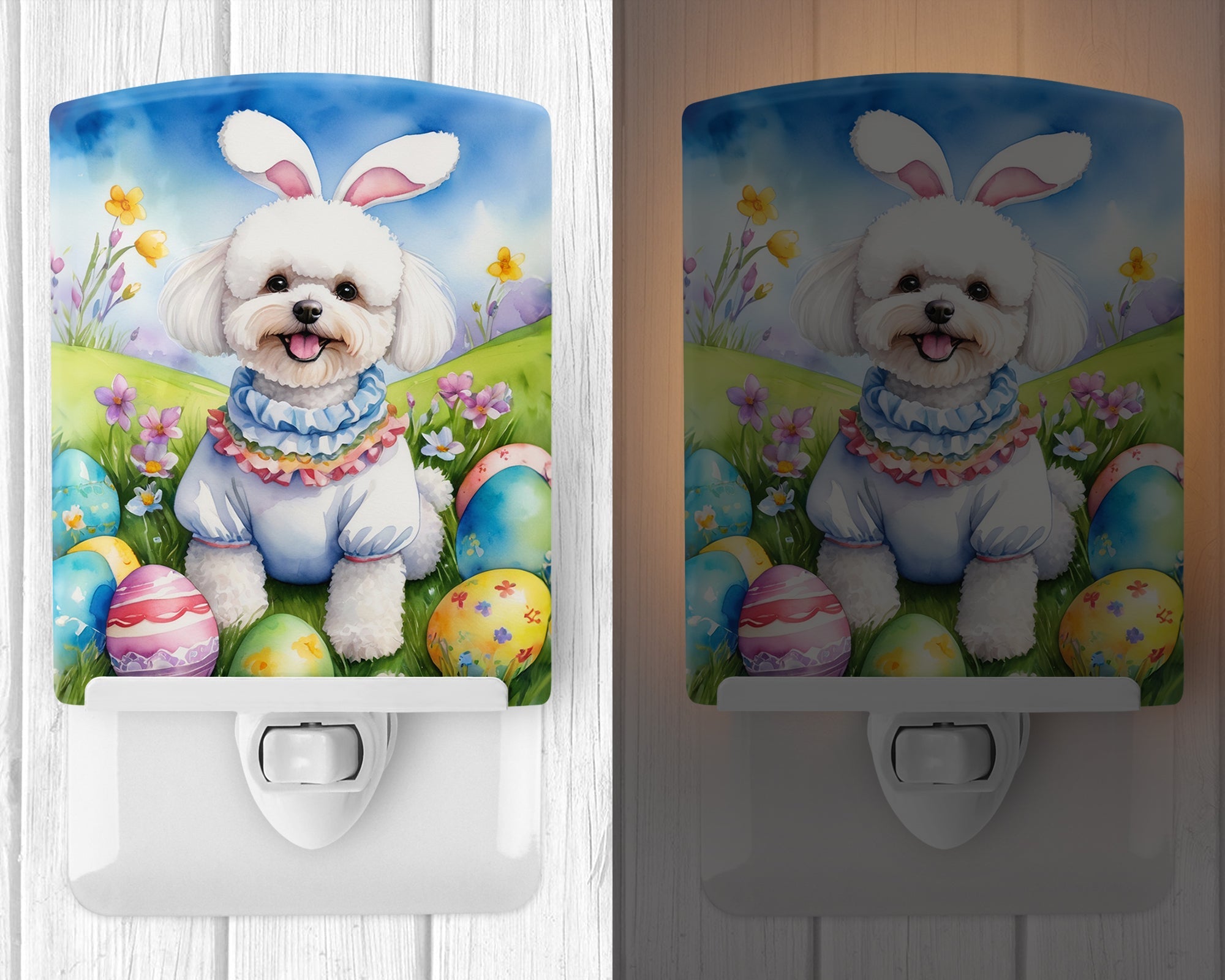 Bichon Frise Easter Egg Hunt Ceramic Night Light Compact, UL-Certified, Ideal for Bedroom, Bathroom, Nursery, Hallway, Kitchen, 6x4x3, Multicolor