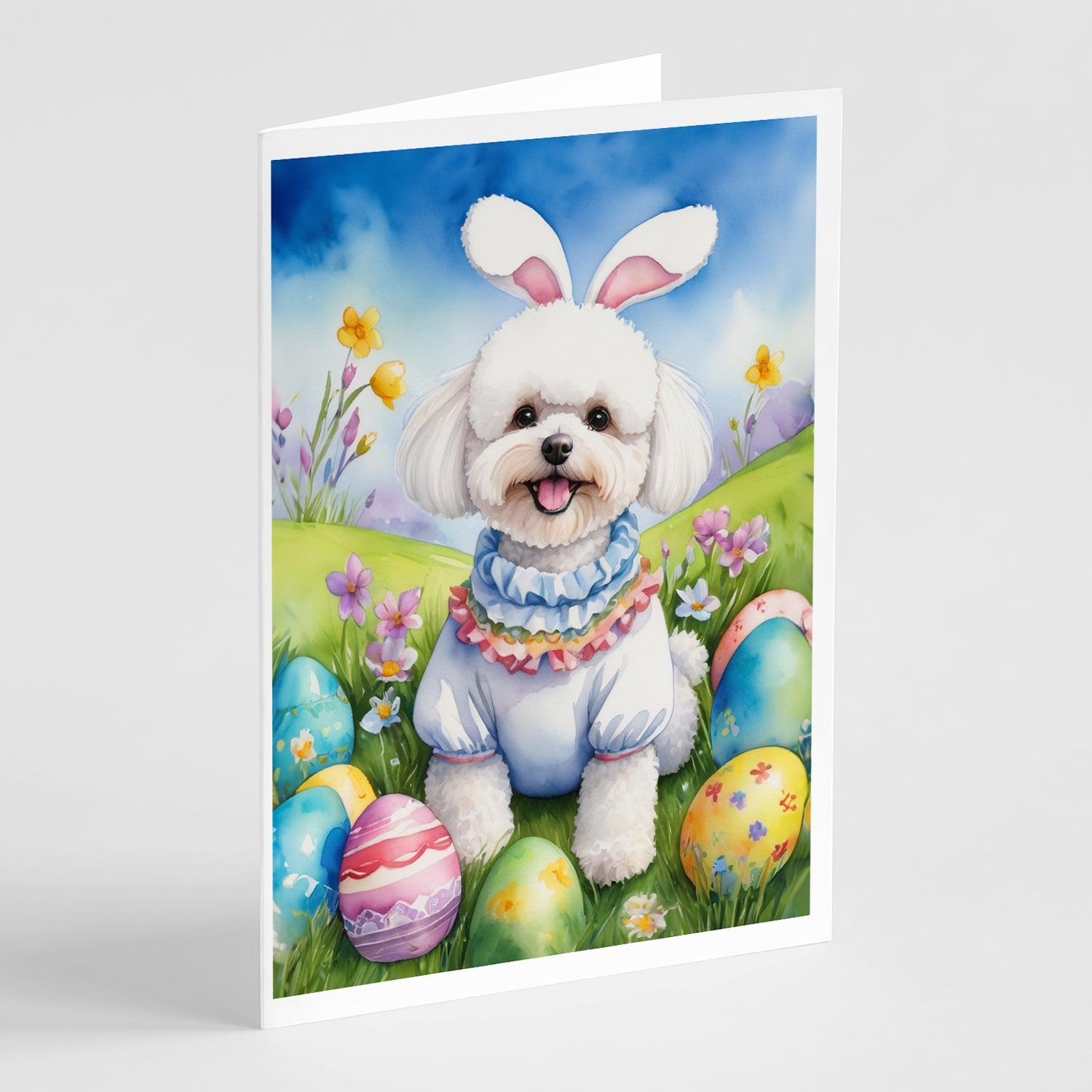 Bichon Frise Easter Egg Hunt Greeting Cards Pack of 8 Blank Cards with Envelopes Whimsical A7 Size 5x7