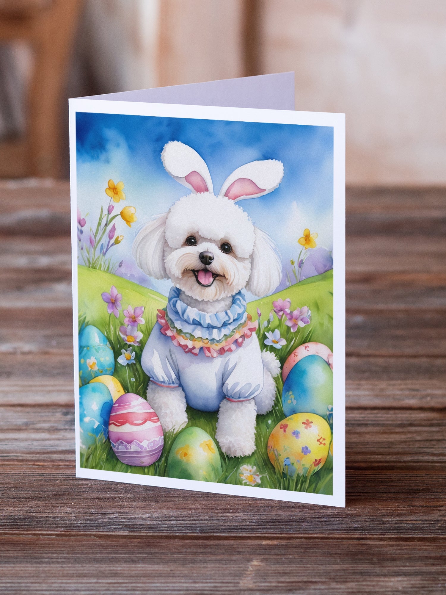 Bichon Frise Easter Egg Hunt Greeting Cards Pack of 8 Blank Cards with Envelopes Whimsical A7 Size 5x7