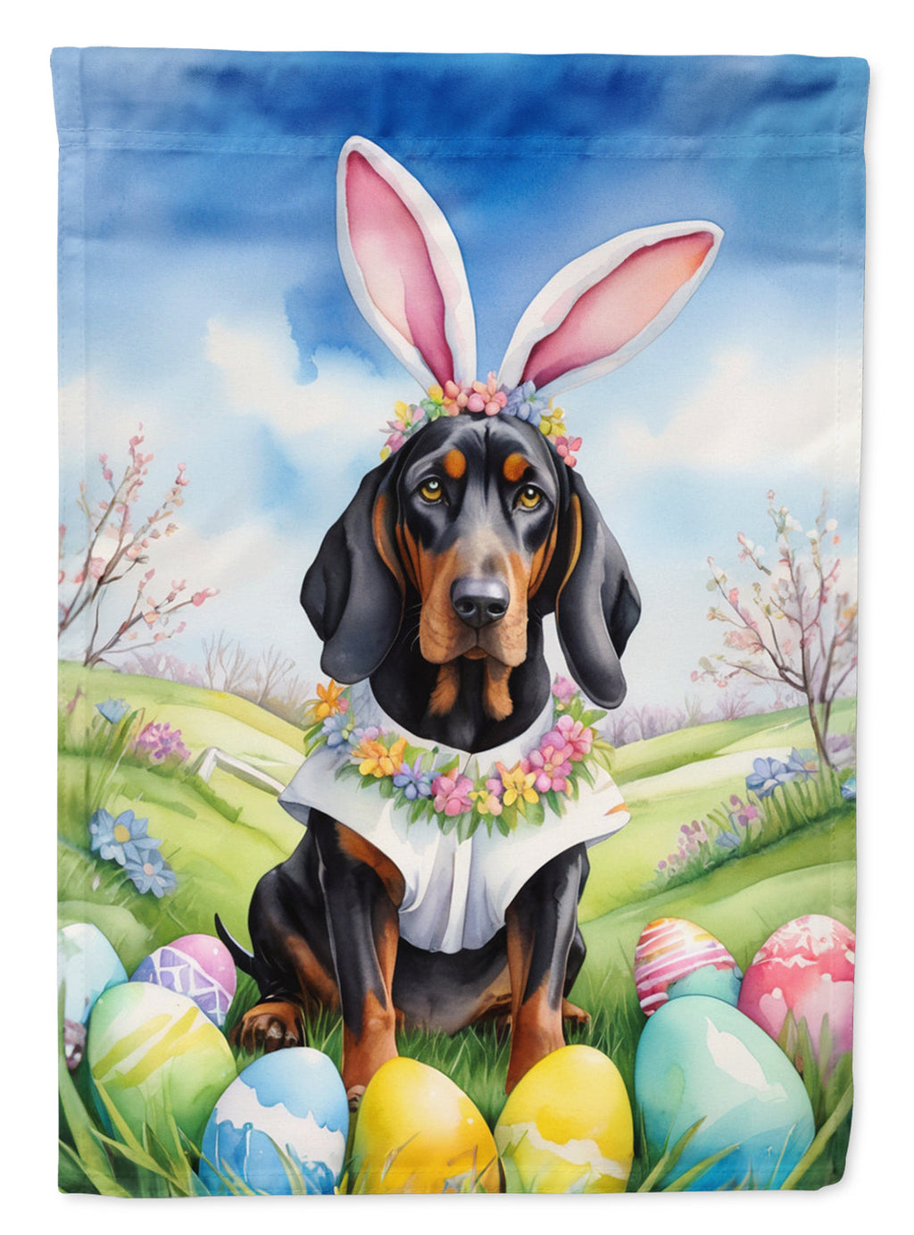 Black and Tan Coonhound Easter Egg Hunt House Flag 28x40 Porch Sleeve Pole Decorative Outside Yard Banner Artwork Wall Hanging, Polyester