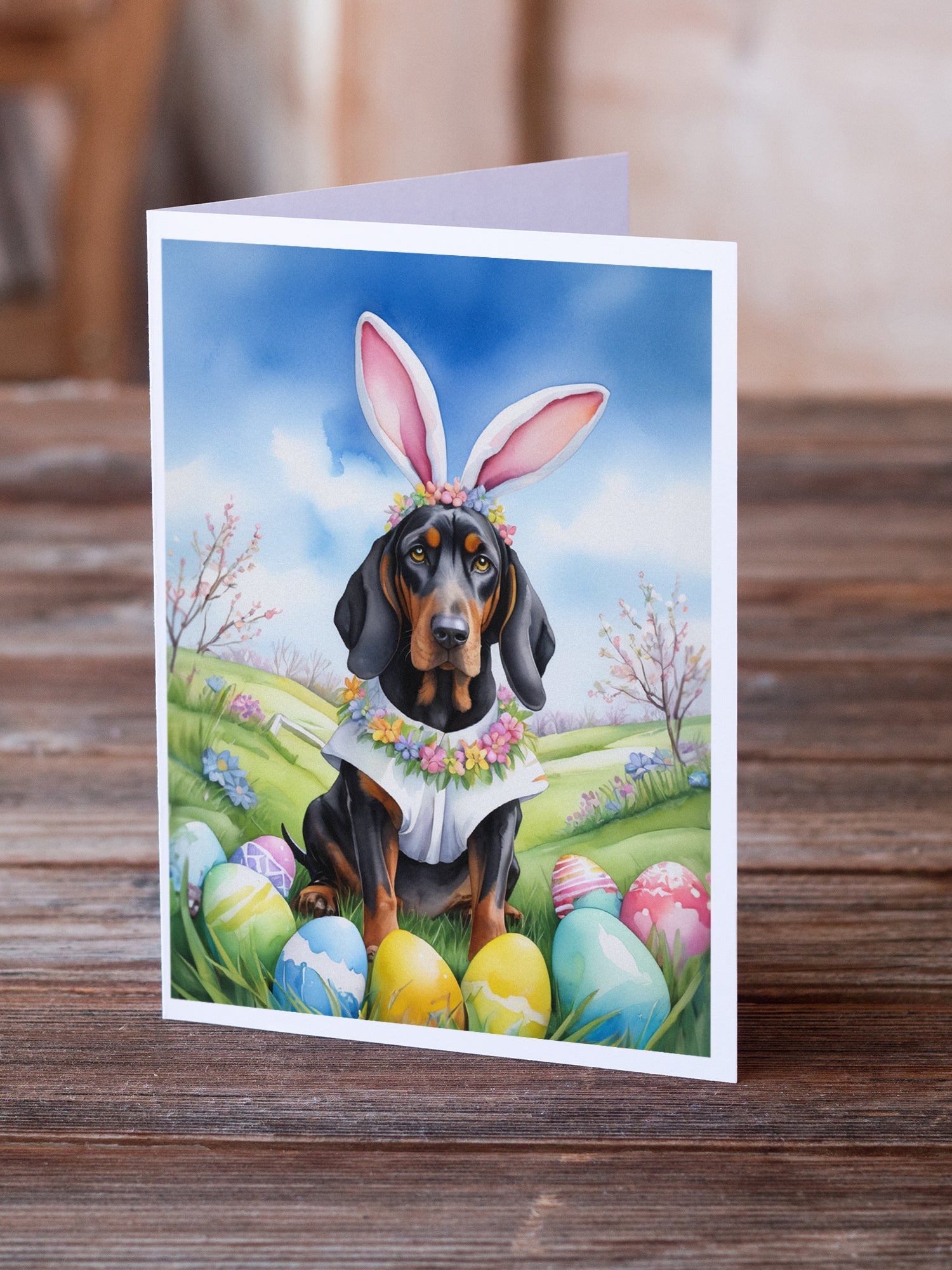 Black and Tan Coonhound Easter Egg Hunt Greeting Cards Pack of 8 Blank Cards with Envelopes Whimsical A7 Size 5x7