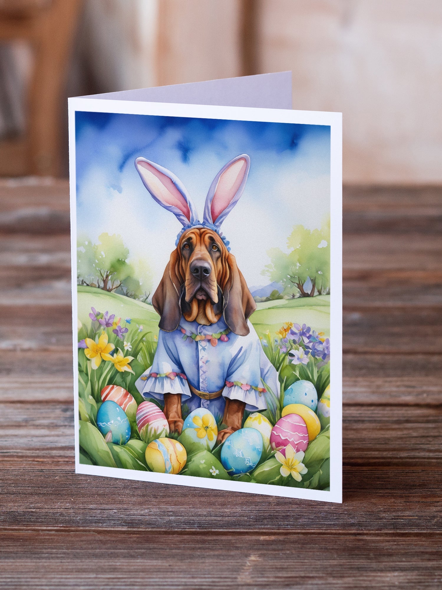 Bloodhound Easter Egg Hunt Greeting Cards Pack of 8 Blank Cards with Envelopes Whimsical A7 Size 5x7