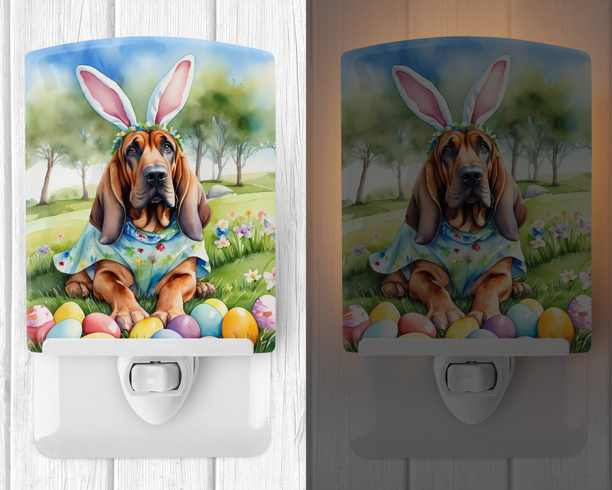 Bloodhound Easter Egg Hunt Ceramic Night Light Compact, UL-Certified, Ideal for Bedroom, Bathroom, Nursery, Hallway, Kitchen, 6x4x3, Multicolor