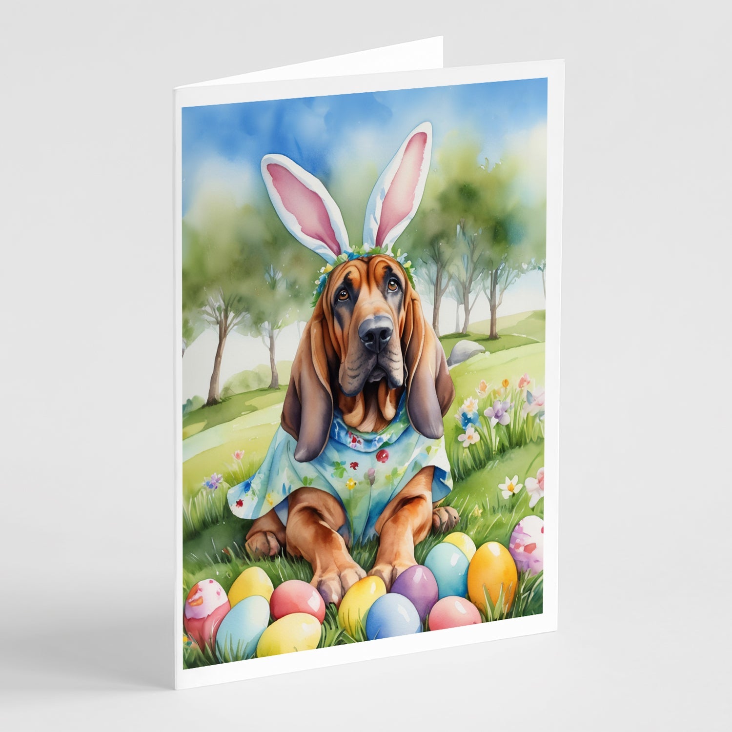 Bloodhound Easter Egg Hunt Greeting Cards Pack of 8 Blank Cards with Envelopes Whimsical A7 Size 5x7