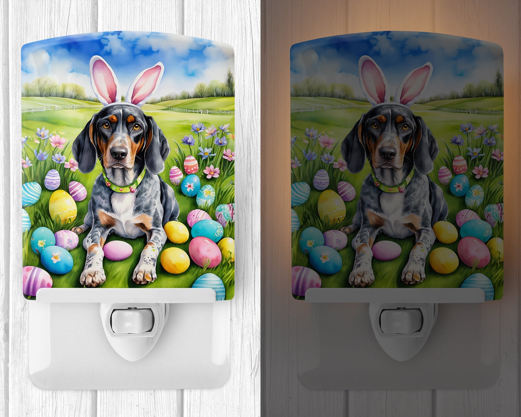 Bluetick Coonhound Easter Egg Hunt Ceramic Night Light Compact, UL-Certified, Ideal for Bedroom, Bathroom, Nursery, Hallway, Kitchen, 6x4x3, Multicolor
