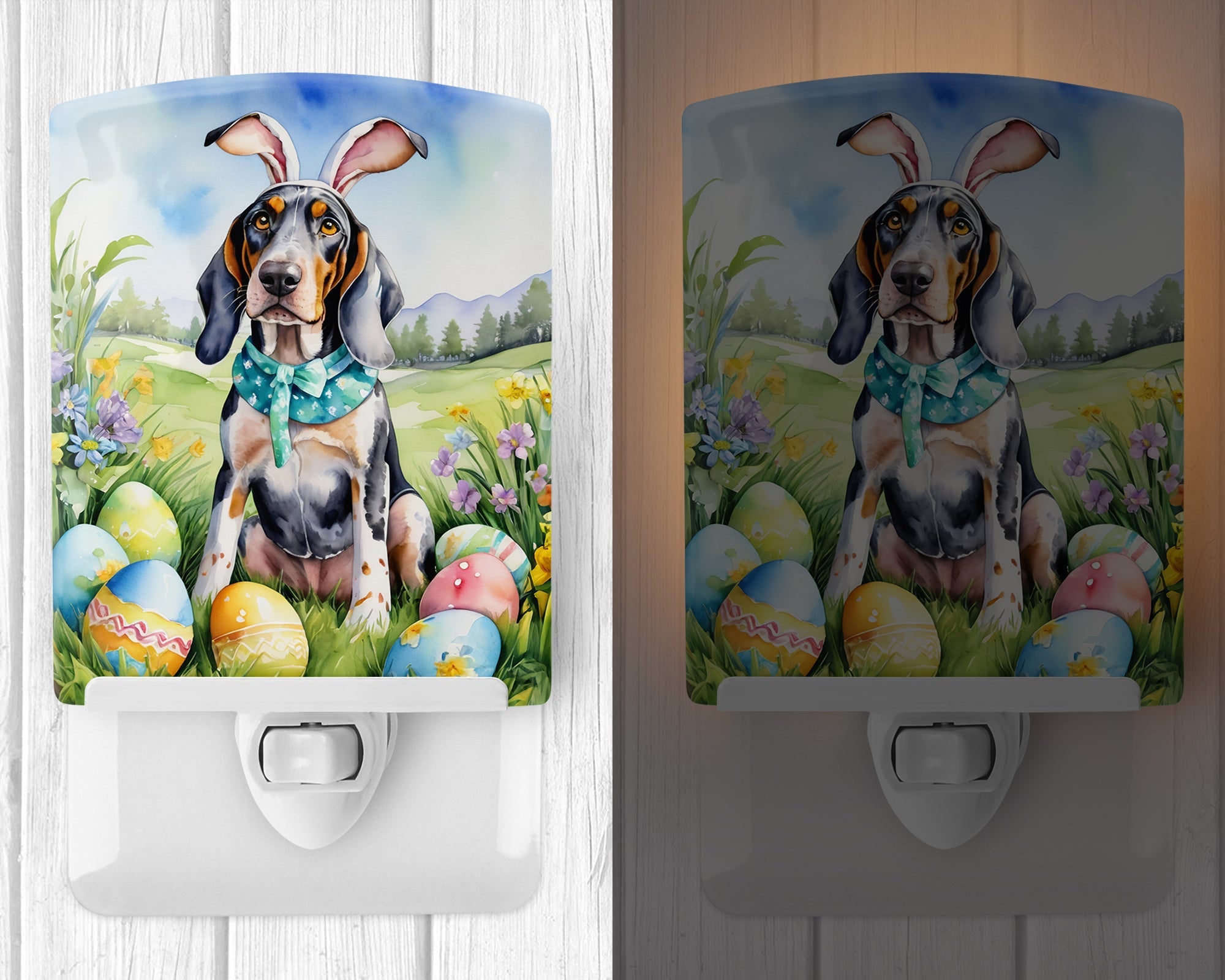 Bluetick Coonhound Easter Egg Hunt Ceramic Night Light Compact, UL-Certified, Ideal for Bedroom, Bathroom, Nursery, Hallway, Kitchen, 6x4x3, Multicolor