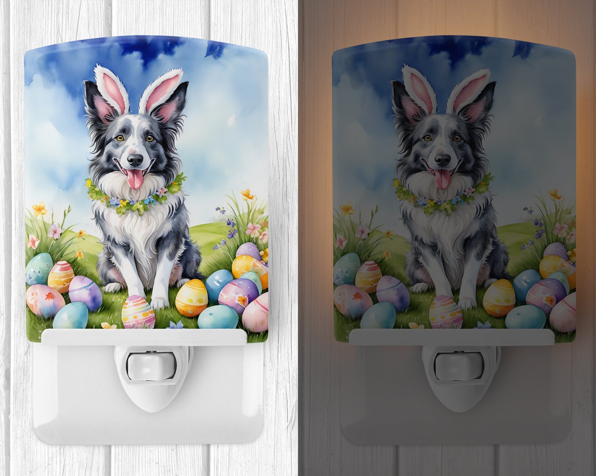 Border Collie Easter Egg Hunt Ceramic Night Light Compact, UL-Certified, Ideal for Bedroom, Bathroom, Nursery, Hallway, Kitchen, 6x4x3, Multicolor
