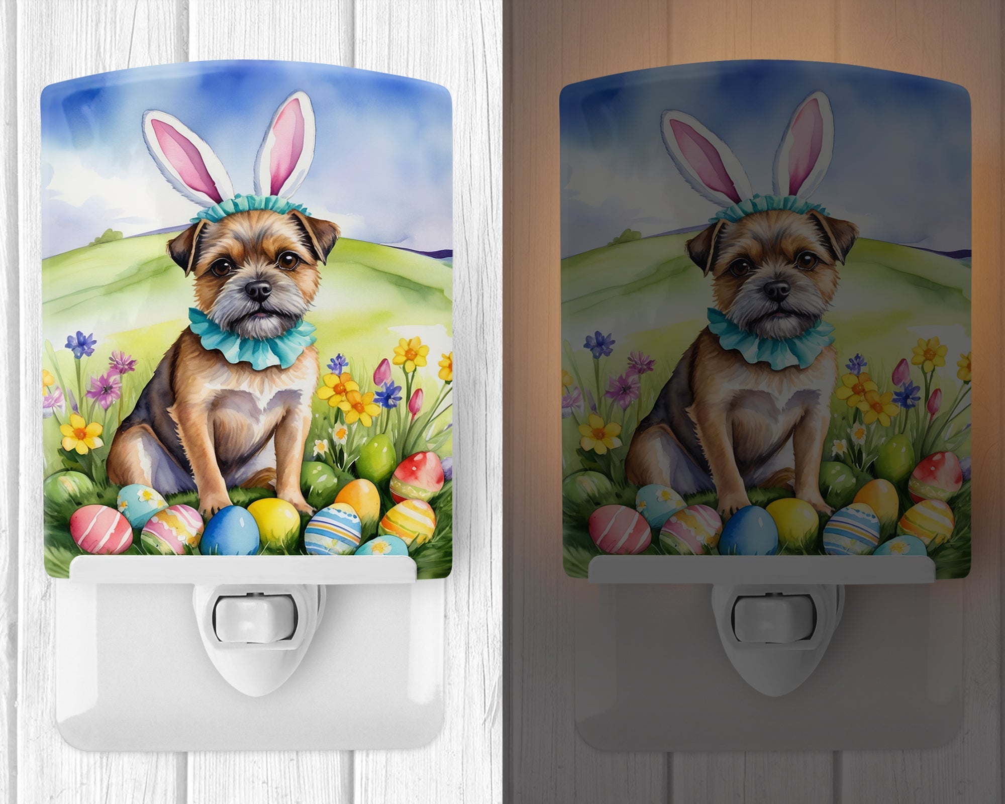 Border Terrier Easter Egg Hunt Ceramic Night Light Compact, UL-Certified, Ideal for Bedroom, Bathroom, Nursery, Hallway, Kitchen, 6x4x3, Multicolor
