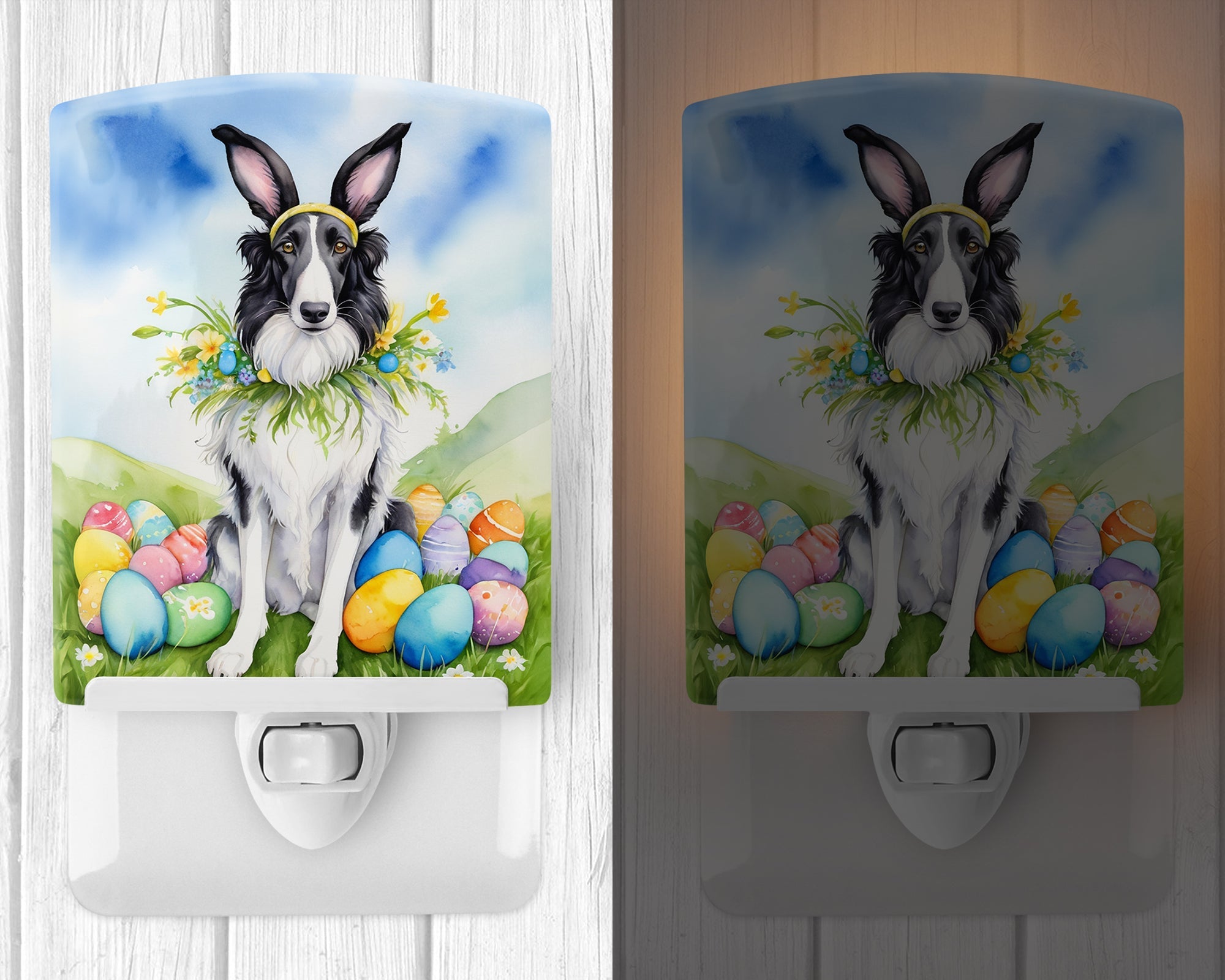 Borzoi Easter Egg Hunt Ceramic Night Light Compact, UL-Certified, Ideal for Bedroom, Bathroom, Nursery, Hallway, Kitchen, 6x4x3, Multicolor