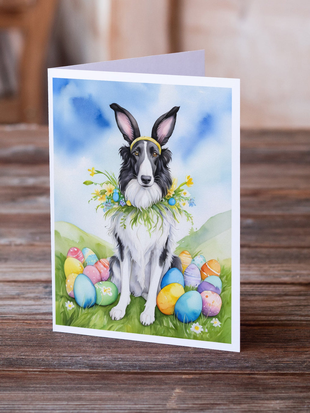 Borzoi Easter Egg Hunt Greeting Cards Pack of 8 Blank Cards with Envelopes Whimsical A7 Size 5x7
