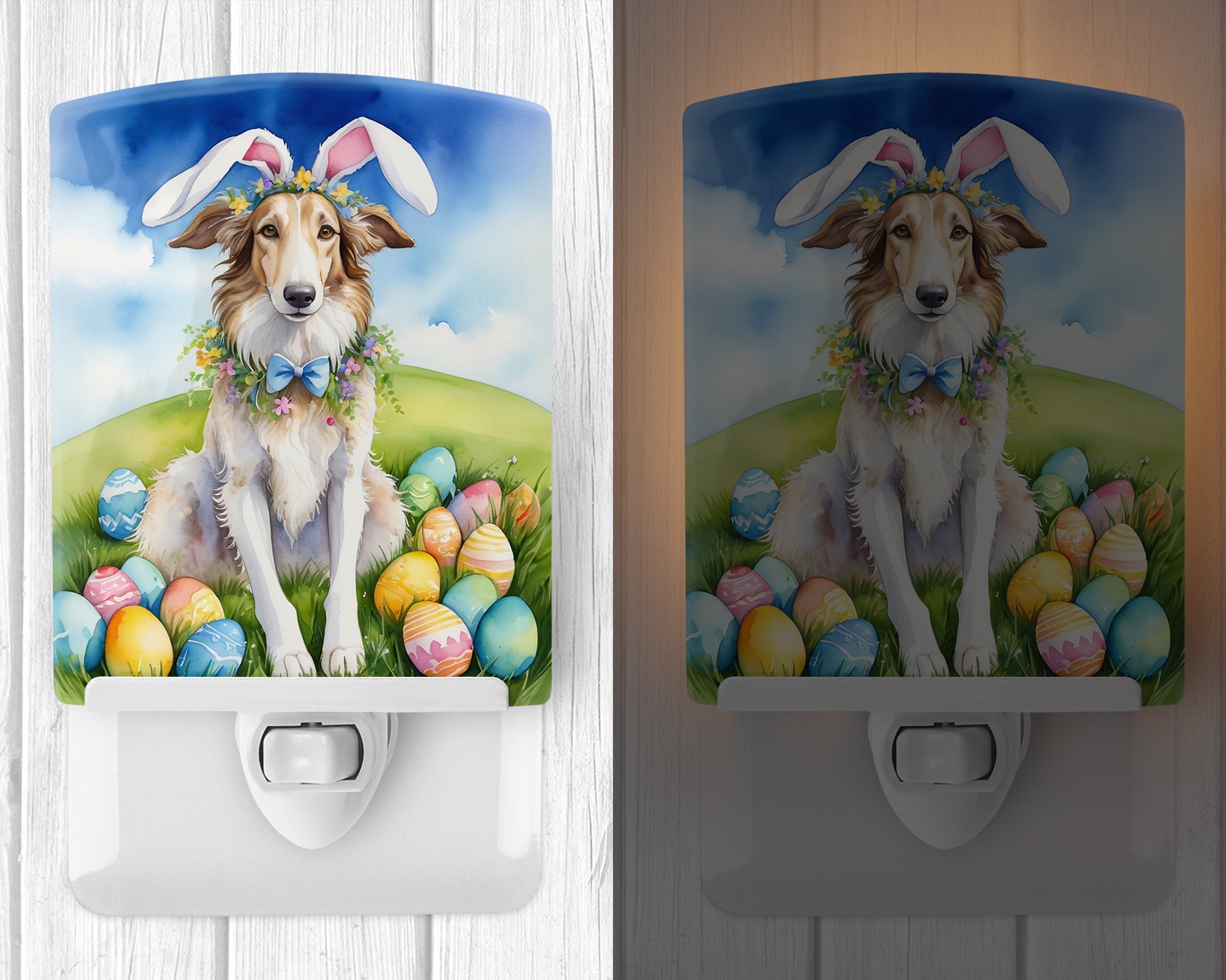 Borzoi Easter Egg Hunt Ceramic Night Light Compact, UL-Certified, Ideal for Bedroom, Bathroom, Nursery, Hallway, Kitchen, 6x4x3, Multicolor