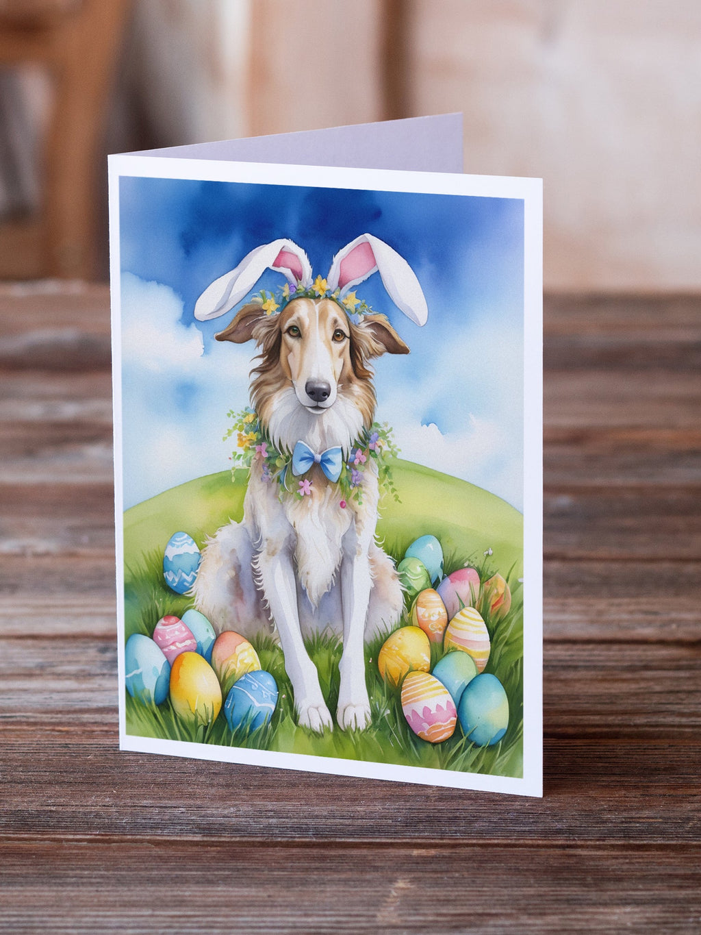 Borzoi Easter Egg Hunt Greeting Cards Pack of 8 Blank Cards with Envelopes Whimsical A7 Size 5x7