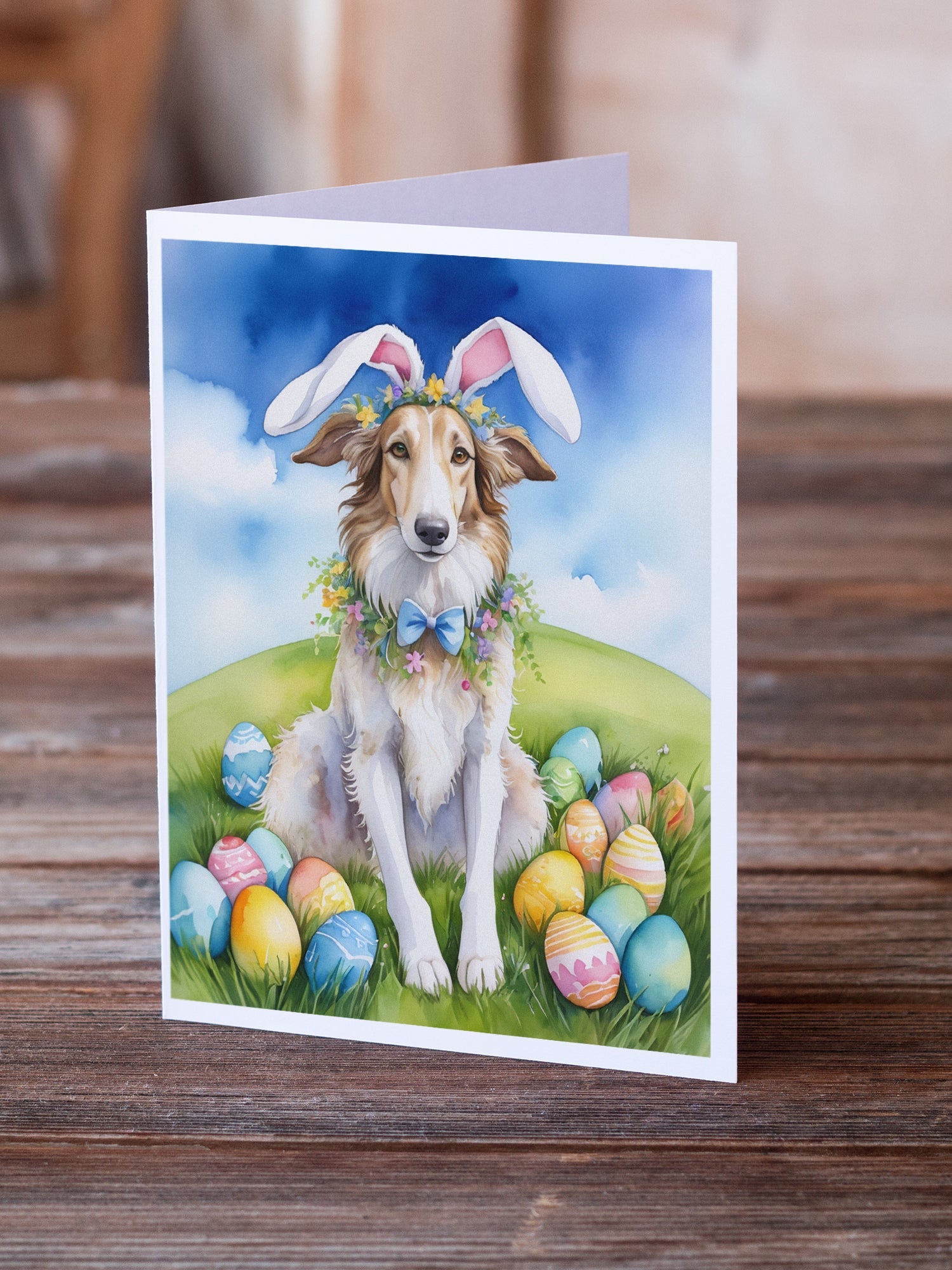 Borzoi Easter Egg Hunt Greeting Cards Pack of 8 Blank Cards with Envelopes Whimsical A7 Size 5x7