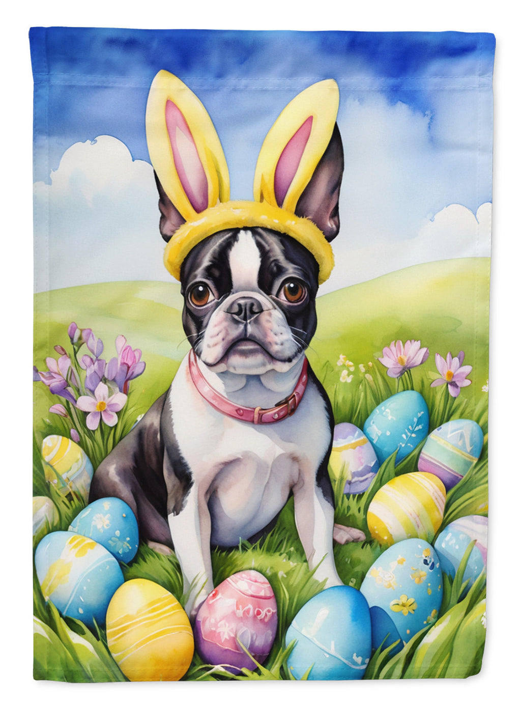 Boston Terrier Easter Egg Hunt House Flag 28x40 Porch Sleeve Pole Decorative Outside Yard Banner Artwork Wall Hanging, Polyester