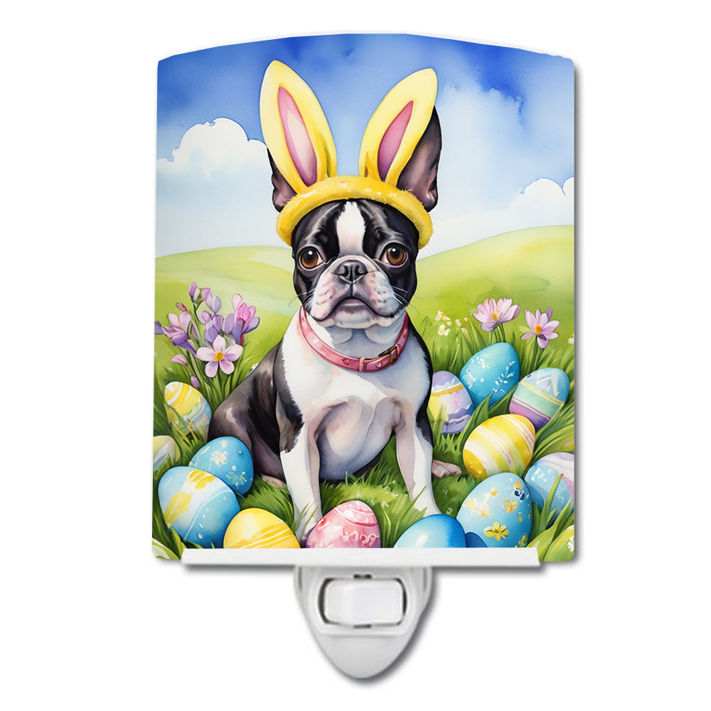 Boston Terrier Easter Egg Hunt Ceramic Night Light Compact, UL-Certified, Ideal for Bedroom, Bathroom, Nursery, Hallway, Kitchen, 6x4x3, Multicolor