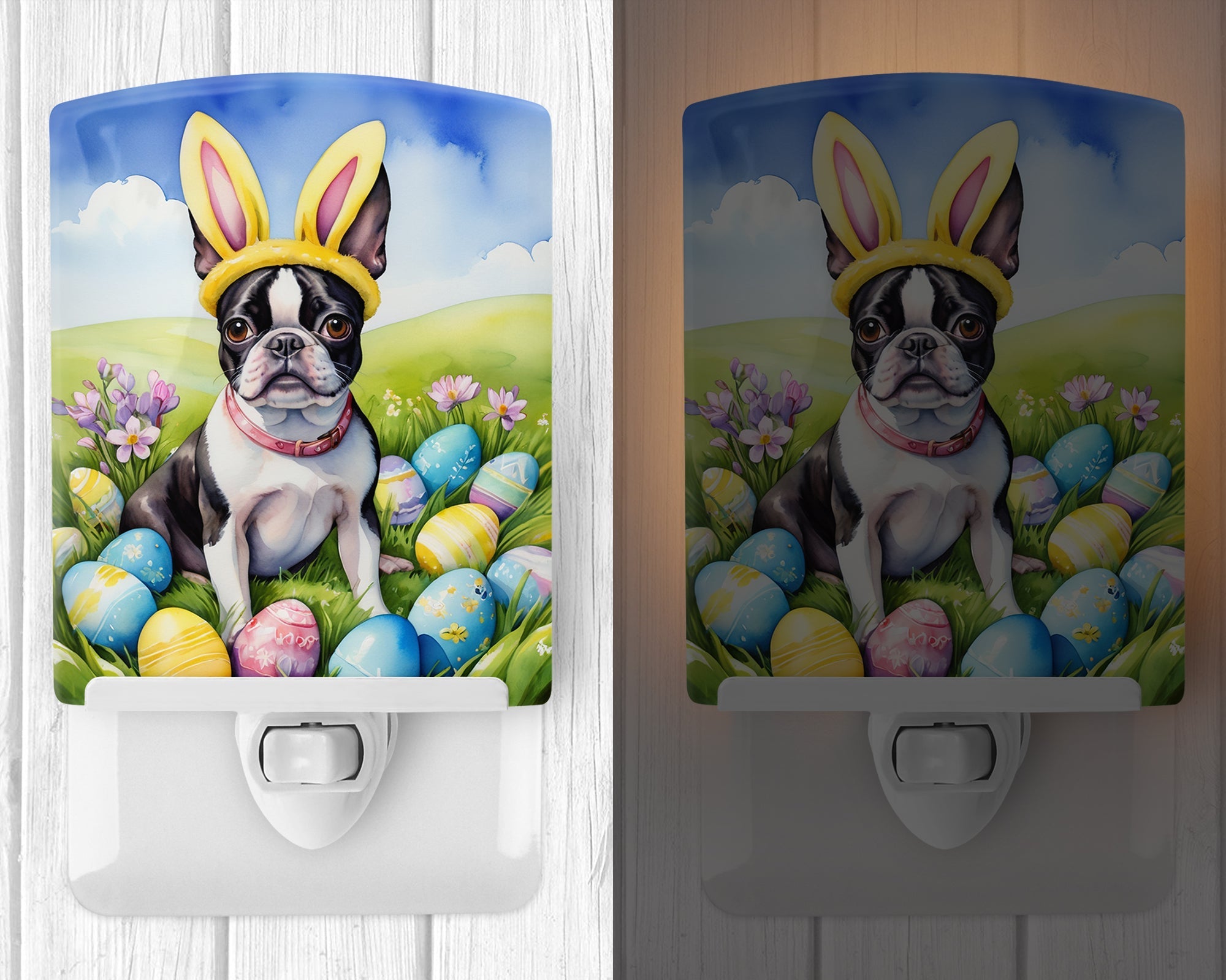 Boston Terrier Easter Egg Hunt Ceramic Night Light Compact, UL-Certified, Ideal for Bedroom, Bathroom, Nursery, Hallway, Kitchen, 6x4x3, Multicolor