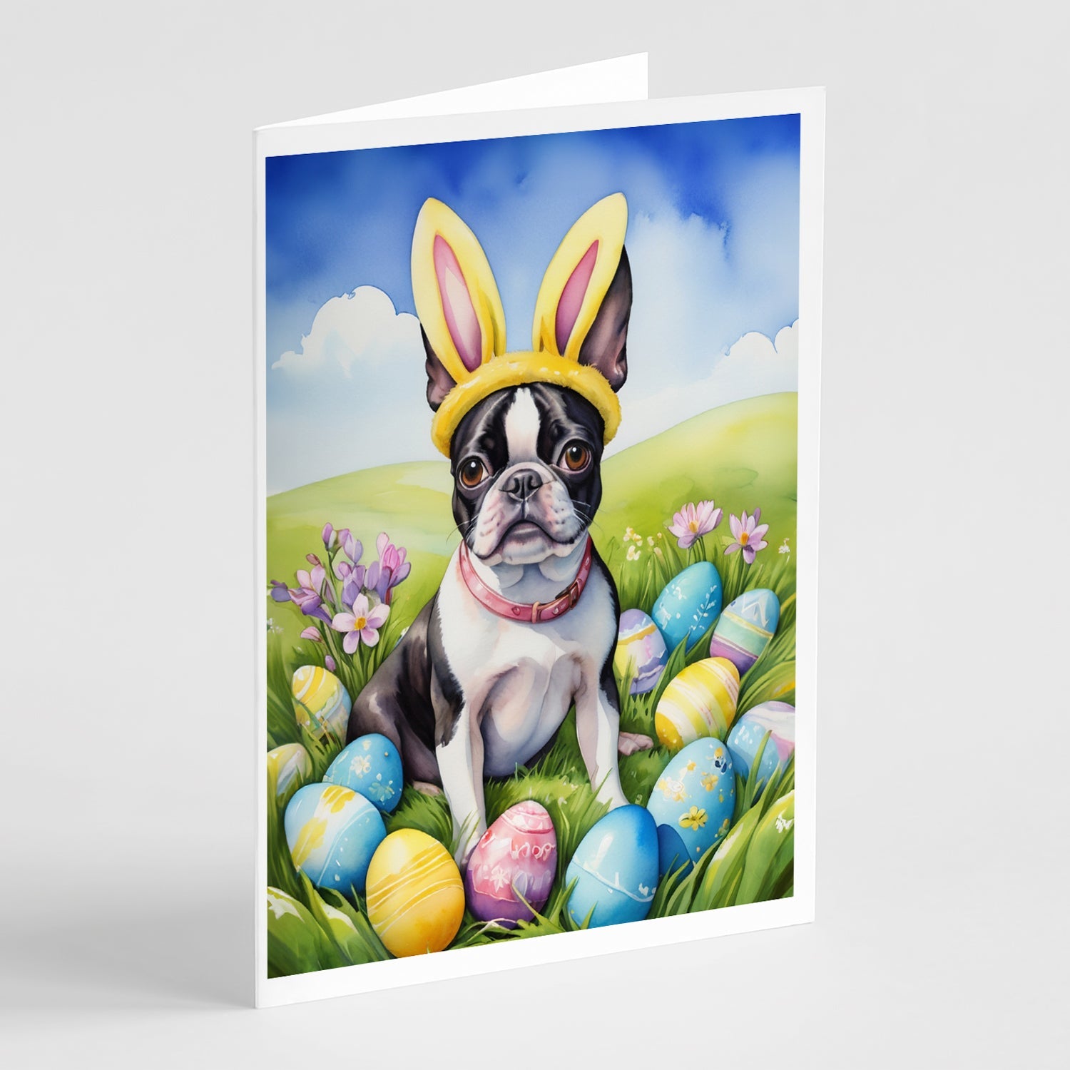 Boston Terrier Easter Egg Hunt Greeting Cards Pack of 8 Blank Cards with Envelopes Whimsical A7 Size 5x7