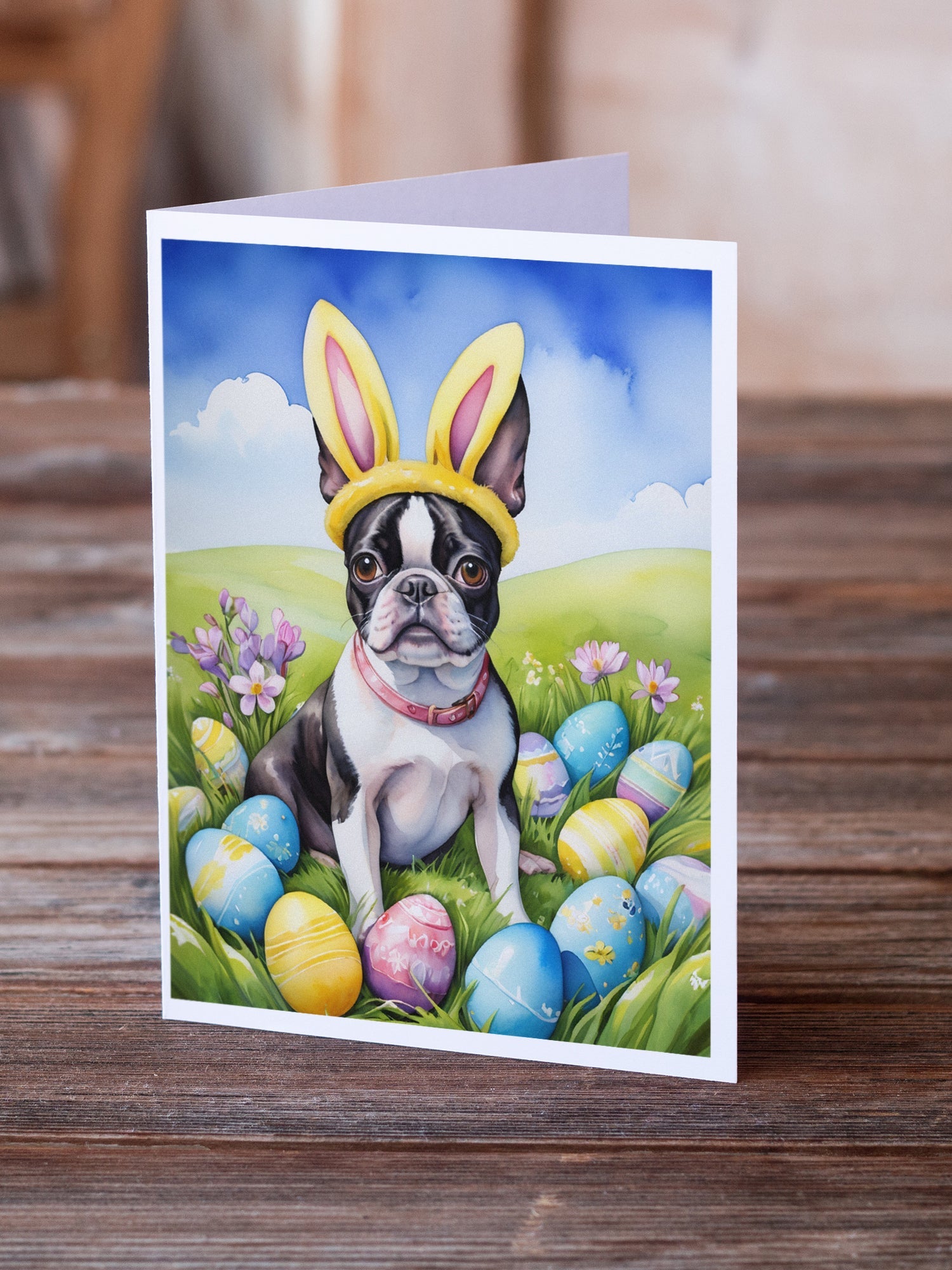 Boston Terrier Easter Egg Hunt Greeting Cards Pack of 8 Blank Cards with Envelopes Whimsical A7 Size 5x7