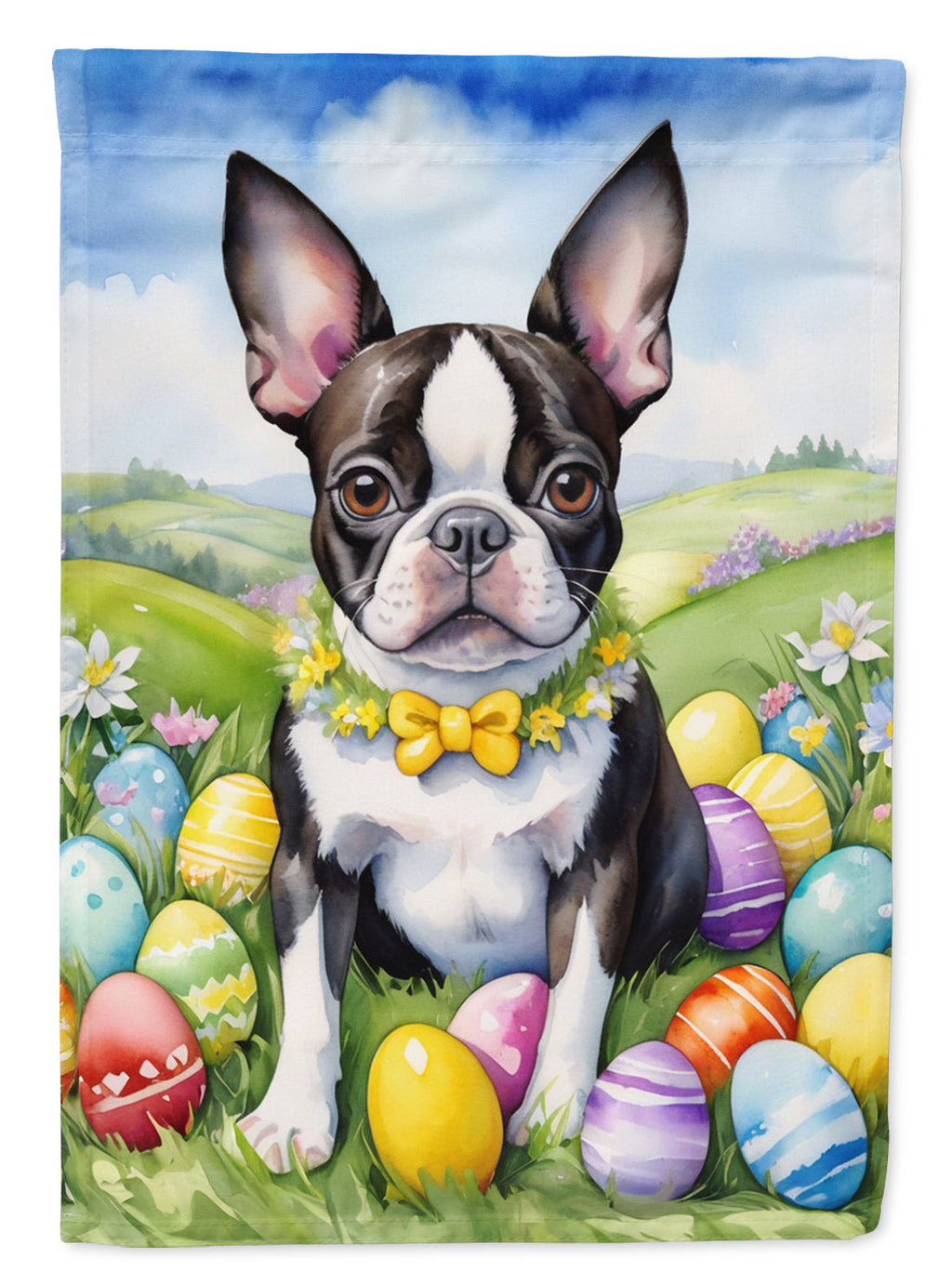 Boston Terrier Easter Egg Hunt House Flag 28x40 Porch Sleeve Pole Decorative Outside Yard Banner Artwork Wall Hanging, Polyester