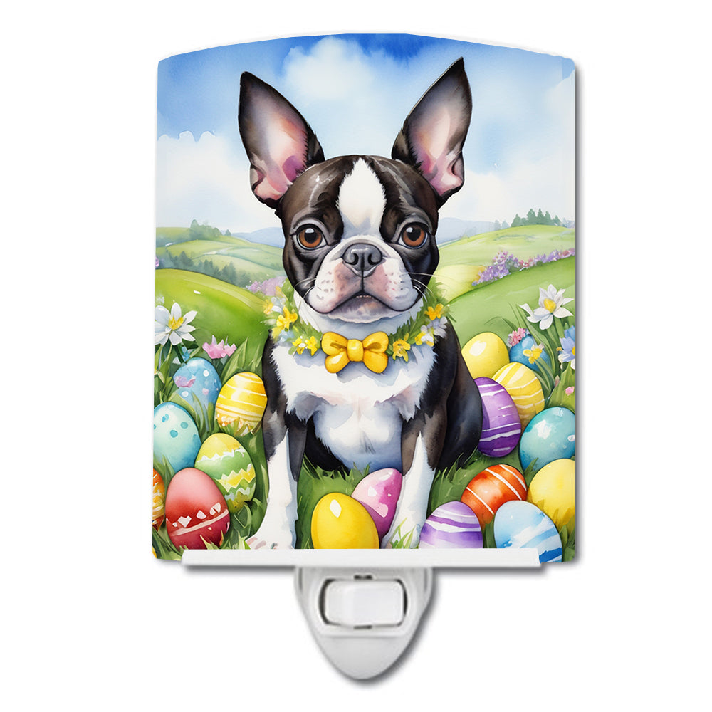 Boston Terrier Easter Egg Hunt Ceramic Night Light Compact, UL-Certified, Ideal for Bedroom, Bathroom, Nursery, Hallway, Kitchen, 6x4x3, Multicolor