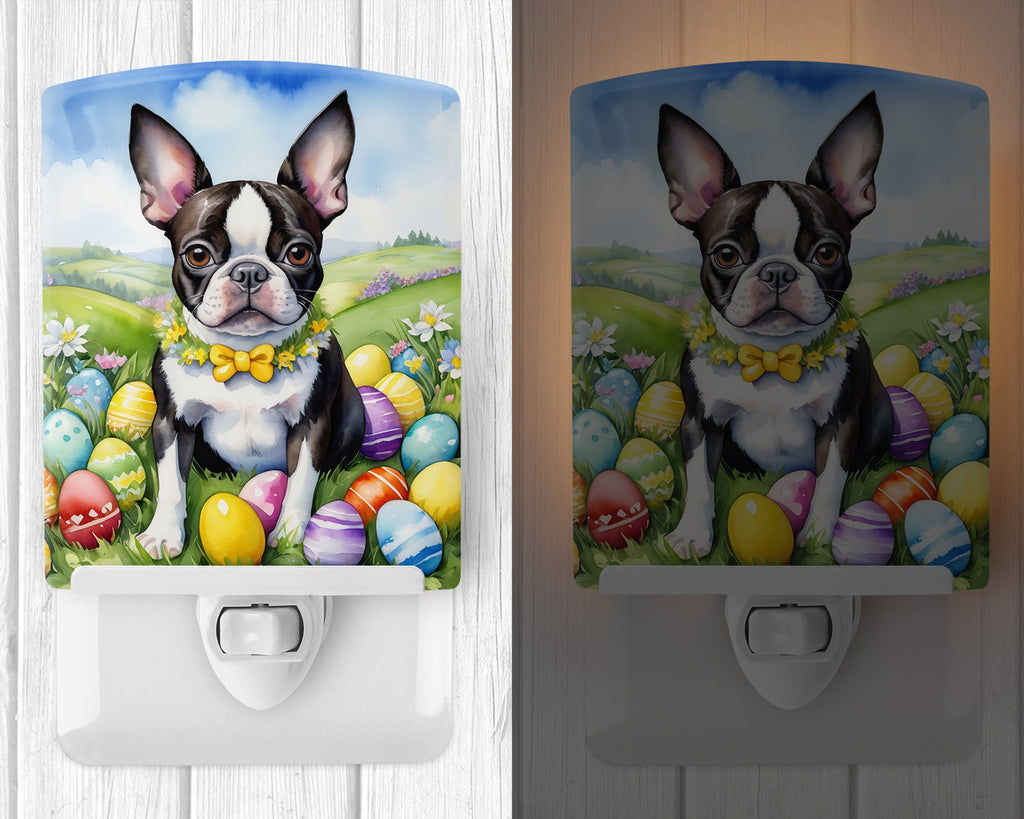 Boston Terrier Easter Egg Hunt Ceramic Night Light Compact, UL-Certified, Ideal for Bedroom, Bathroom, Nursery, Hallway, Kitchen, 6x4x3, Multicolor
