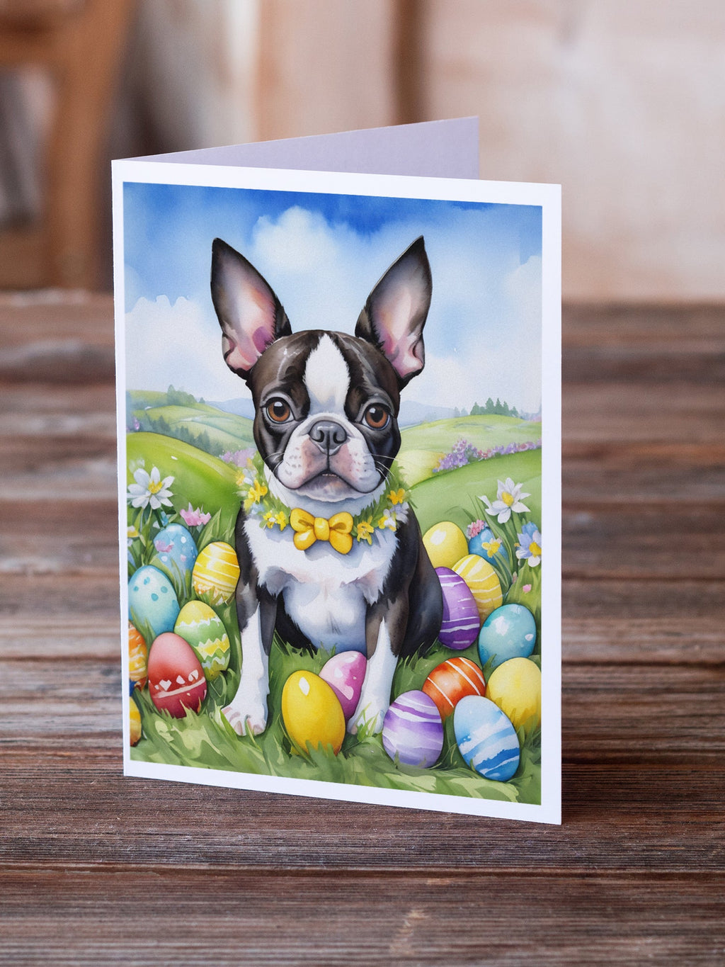 Boston Terrier Easter Egg Hunt Greeting Cards Pack of 8 Blank Cards with Envelopes Whimsical A7 Size 5x7