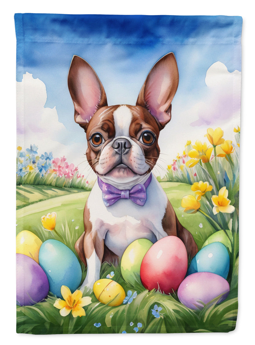 Boston Terrier Easter Egg Hunt House Flag 28x40 Porch Sleeve Pole Decorative Outside Yard Banner Artwork Wall Hanging, Polyester