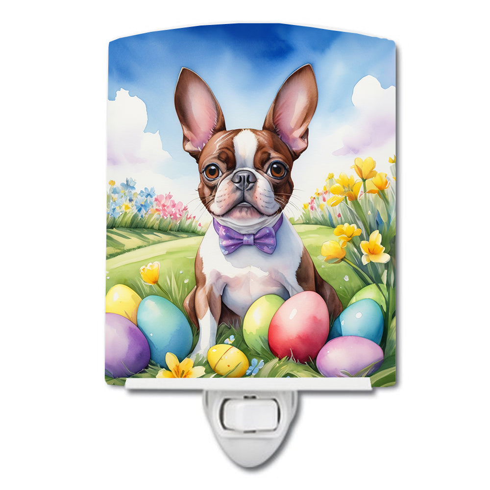 Boston Terrier Easter Egg Hunt Ceramic Night Light Compact, UL-Certified, Ideal for Bedroom, Bathroom, Nursery, Hallway, Kitchen, 6x4x3, Multicolor