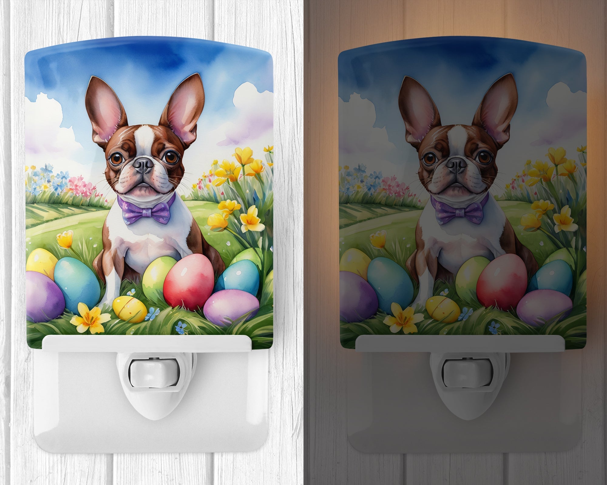 Boston Terrier Easter Egg Hunt Ceramic Night Light Compact, UL-Certified, Ideal for Bedroom, Bathroom, Nursery, Hallway, Kitchen, 6x4x3, Multicolor