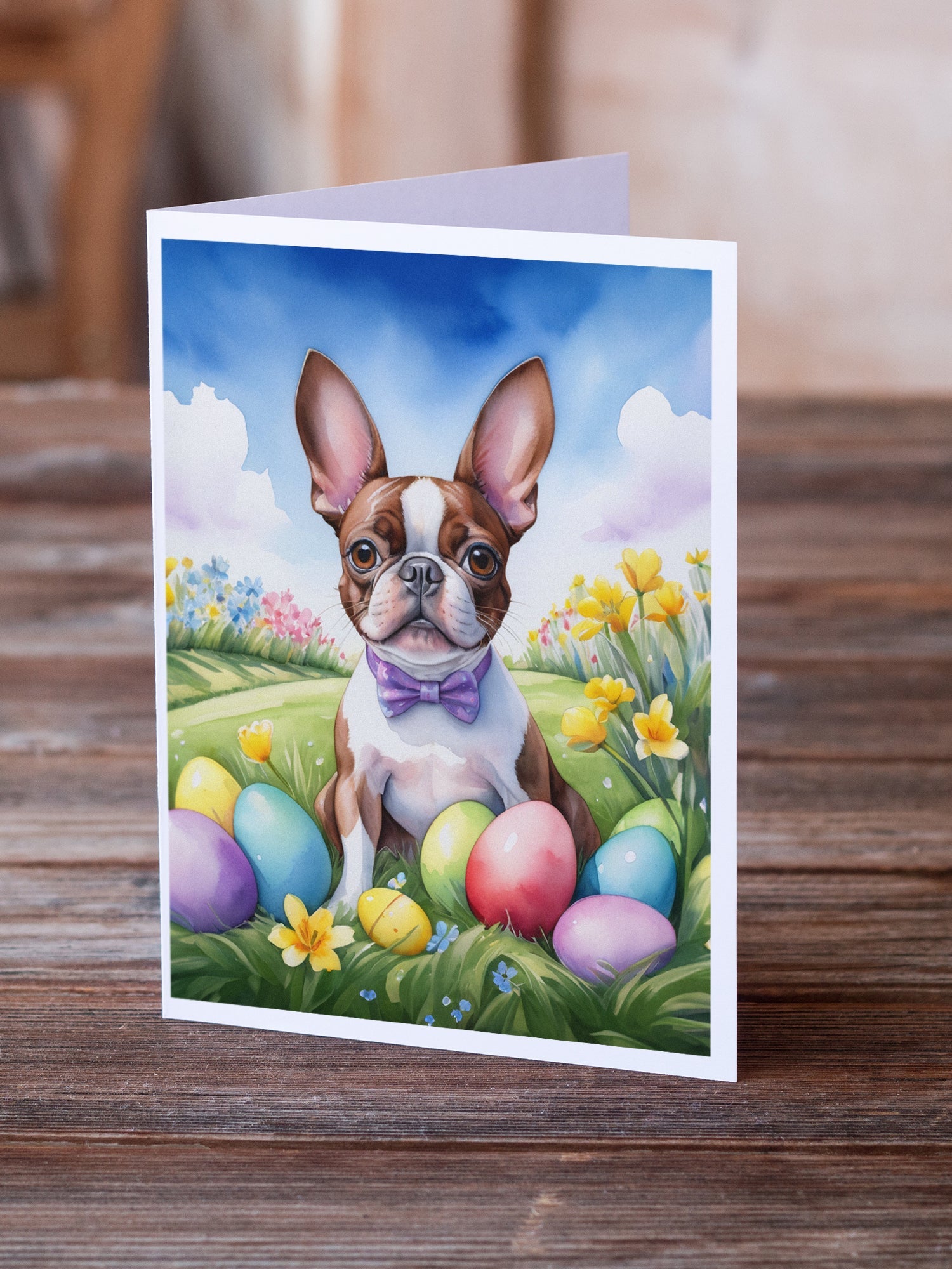 Boston Terrier Easter Egg Hunt Greeting Cards Pack of 8 Blank Cards with Envelopes Whimsical A7 Size 5x7