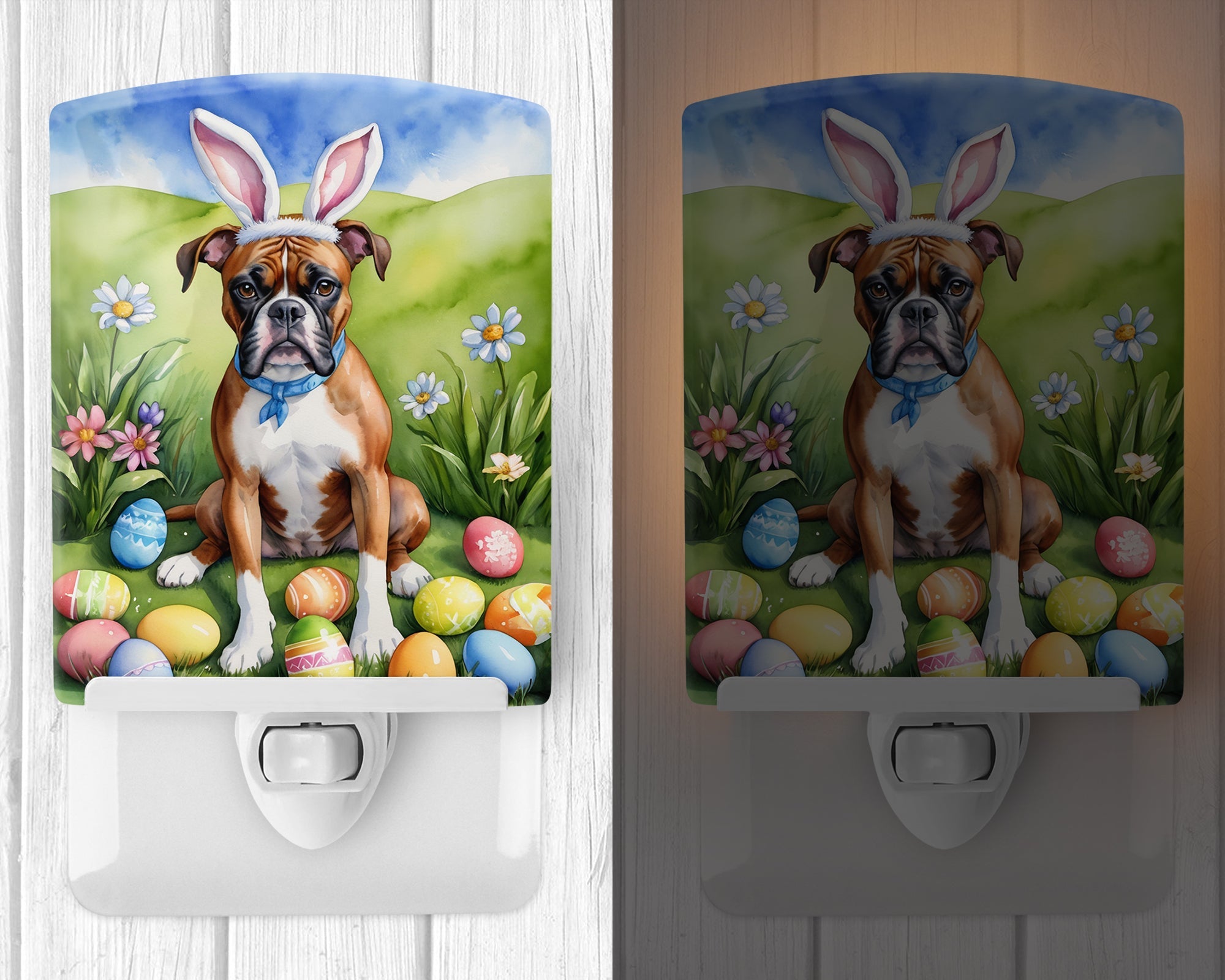 Boxer Easter Egg Hunt Ceramic Night Light Compact, UL-Certified, Ideal for Bedroom, Bathroom, Nursery, Hallway, Kitchen, 6x4x3, Multicolor