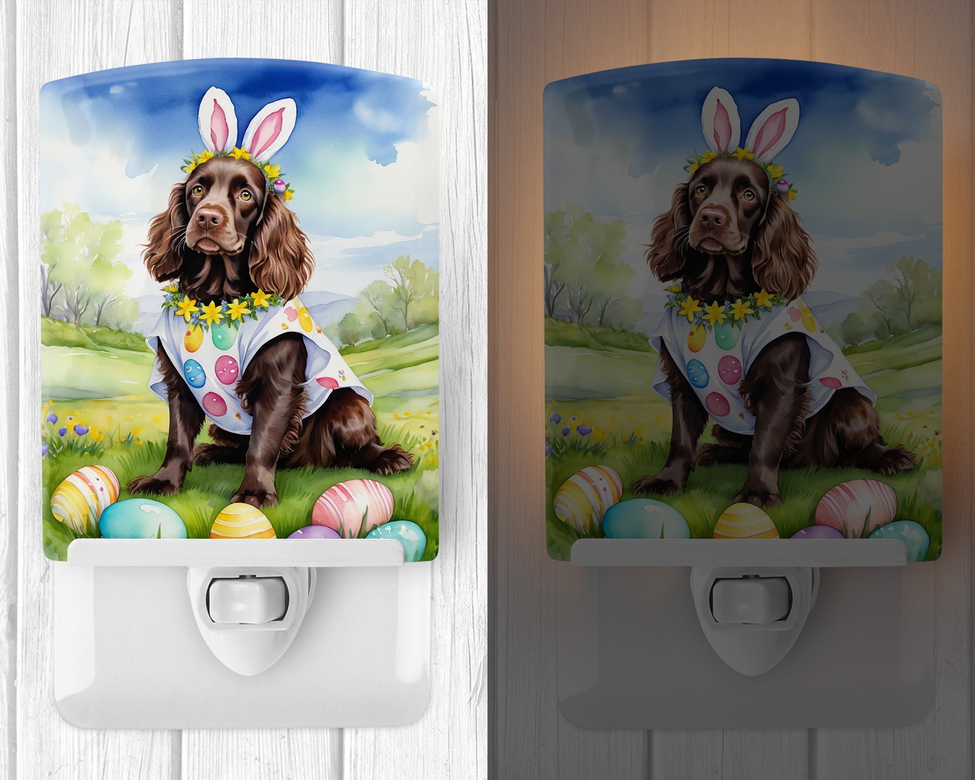 Boykin Spaniel Easter Egg Hunt Ceramic Night Light Compact, UL-Certified, Ideal for Bedroom, Bathroom, Nursery, Hallway, Kitchen, 6x4x3, Multicolor
