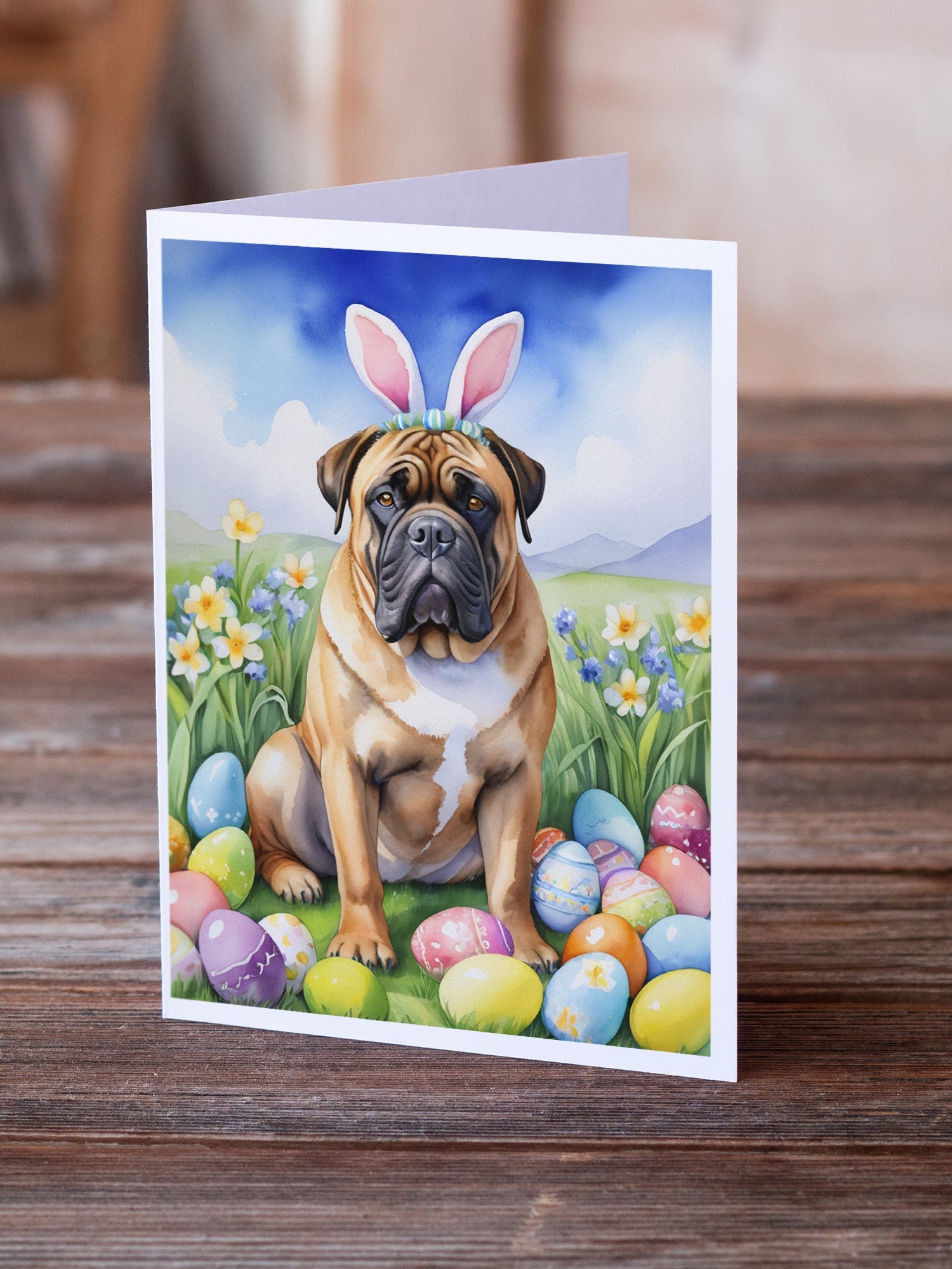 Bullmastiff Easter Egg Hunt Greeting Cards Pack of 8 Blank Cards with Envelopes Whimsical A7 Size 5x7