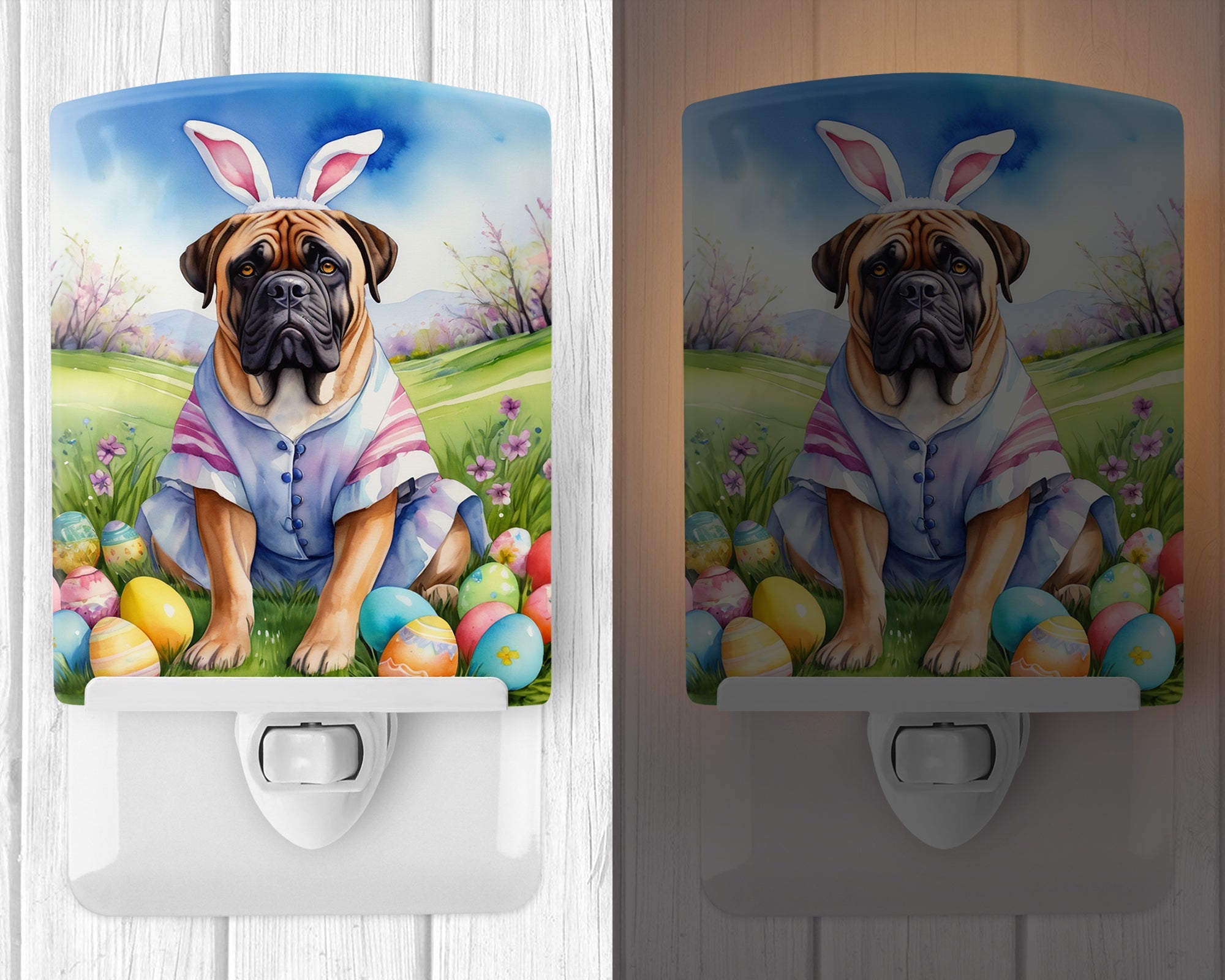 Bullmastiff Easter Egg Hunt Ceramic Night Light Compact, UL-Certified, Ideal for Bedroom, Bathroom, Nursery, Hallway, Kitchen, 6x4x3, Multicolor