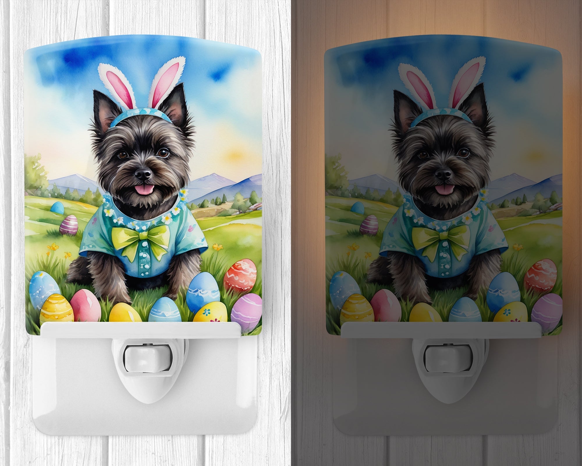 Cairn Terrier Easter Egg Hunt Ceramic Night Light Compact, UL-Certified, Ideal for Bedroom, Bathroom, Nursery, Hallway, Kitchen, 6x4x3, Multicolor