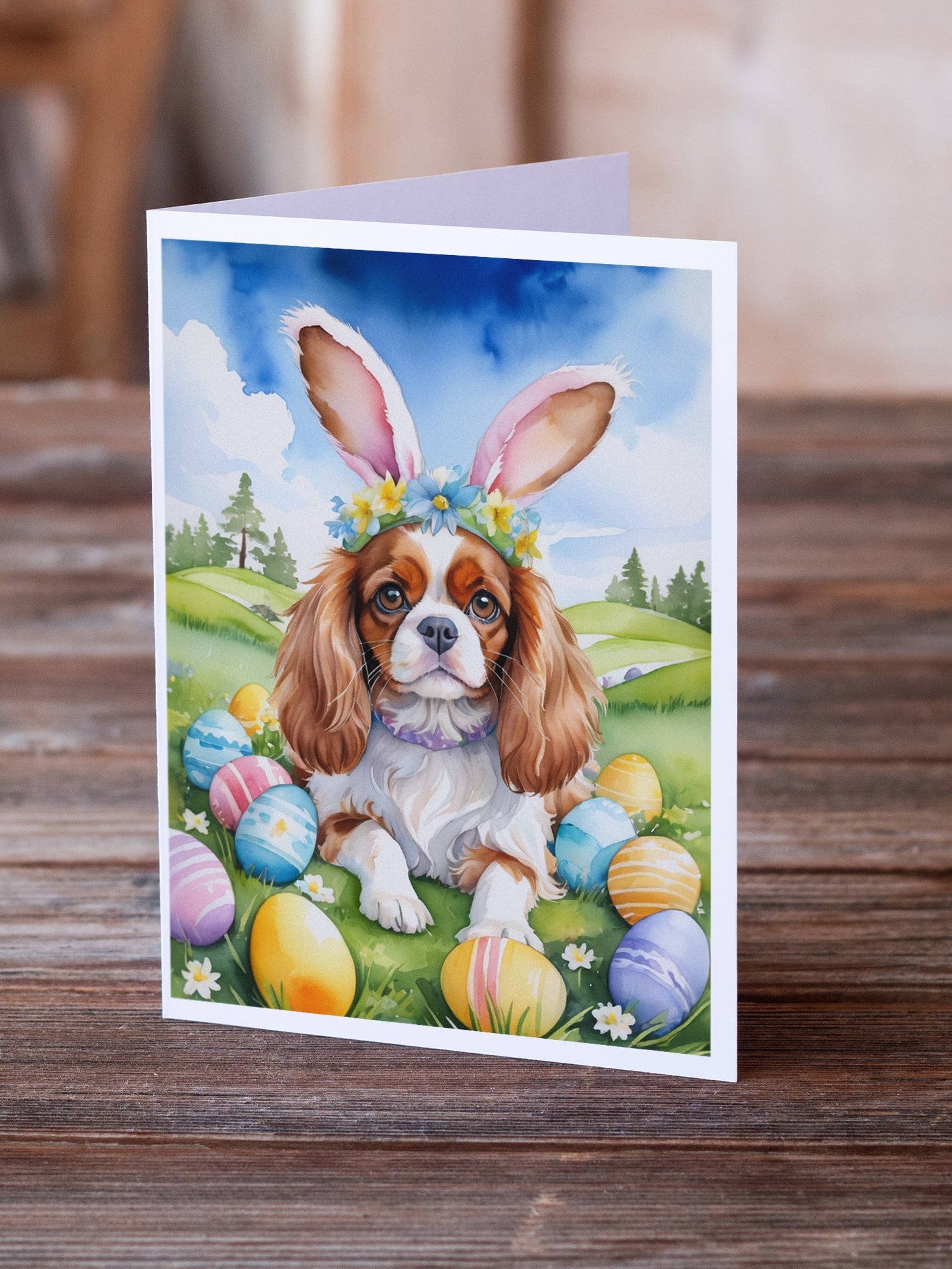Cavalier Spaniel Easter Egg Hunt Greeting Cards Pack of 8 Blank Cards with Envelopes Whimsical A7 Size 5x7