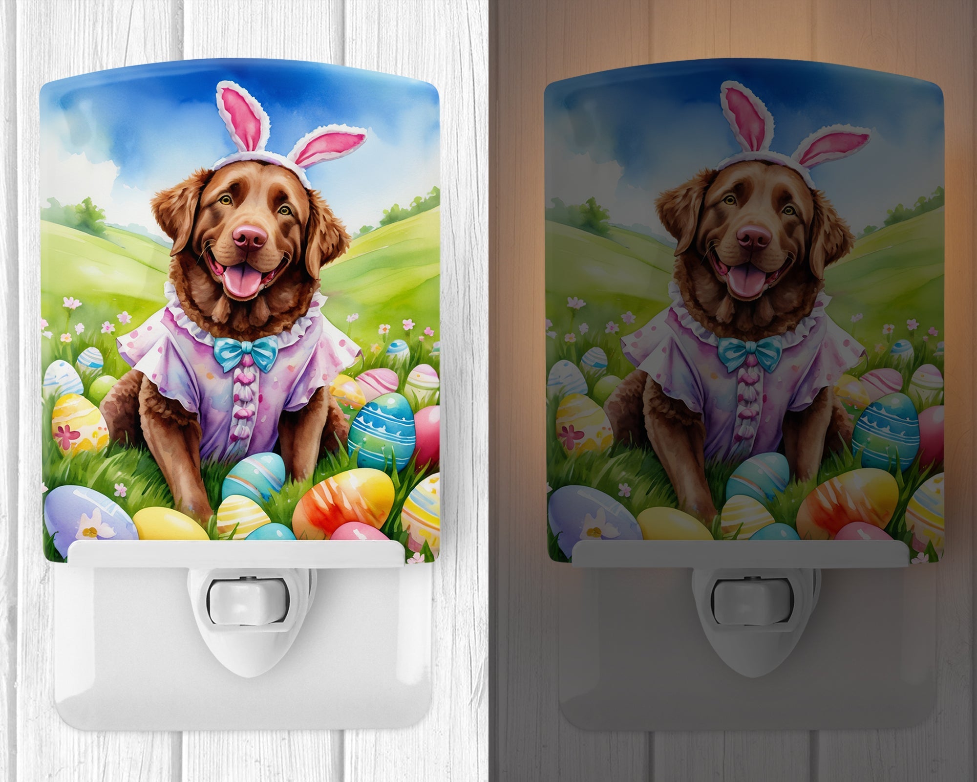 Chesapeake Bay Retriever Easter Egg Hunt Ceramic Night Light Compact, UL-Certified, Ideal for Bedroom, Bathroom, Nursery, Hallway, Kitchen, 6x4x3, Multicolor