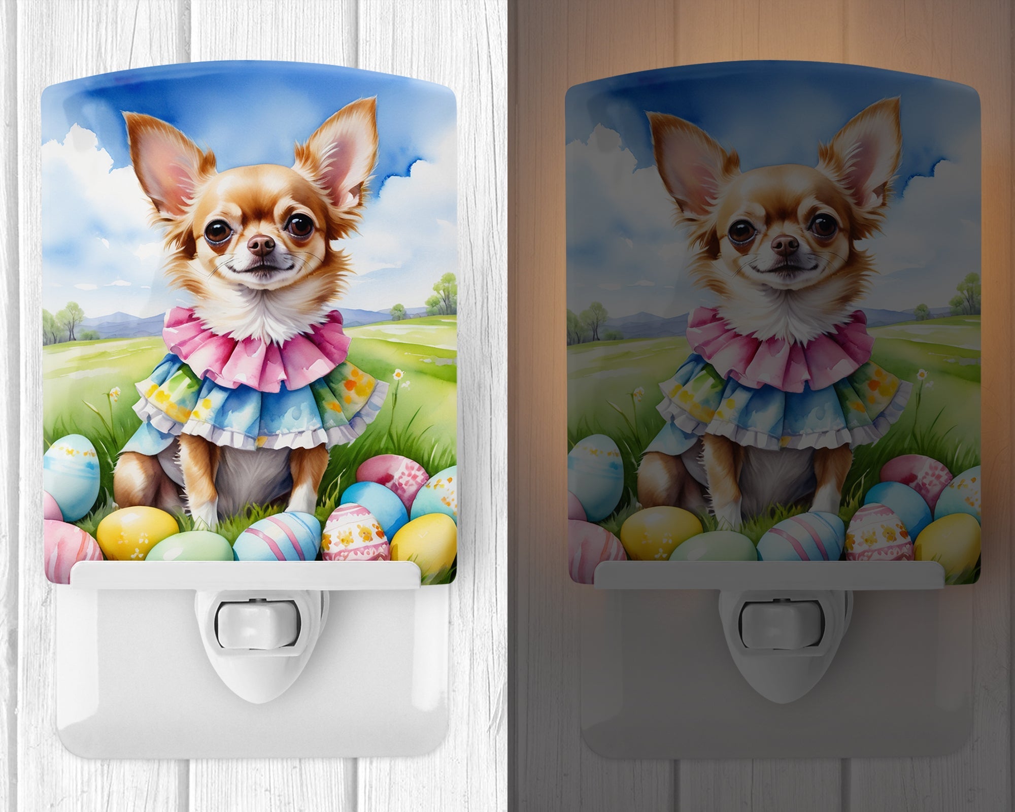 Chihuahua Easter Egg Hunt Ceramic Night Light Compact, UL-Certified, Ideal for Bedroom, Bathroom, Nursery, Hallway, Kitchen, 6x4x3, Multicolor