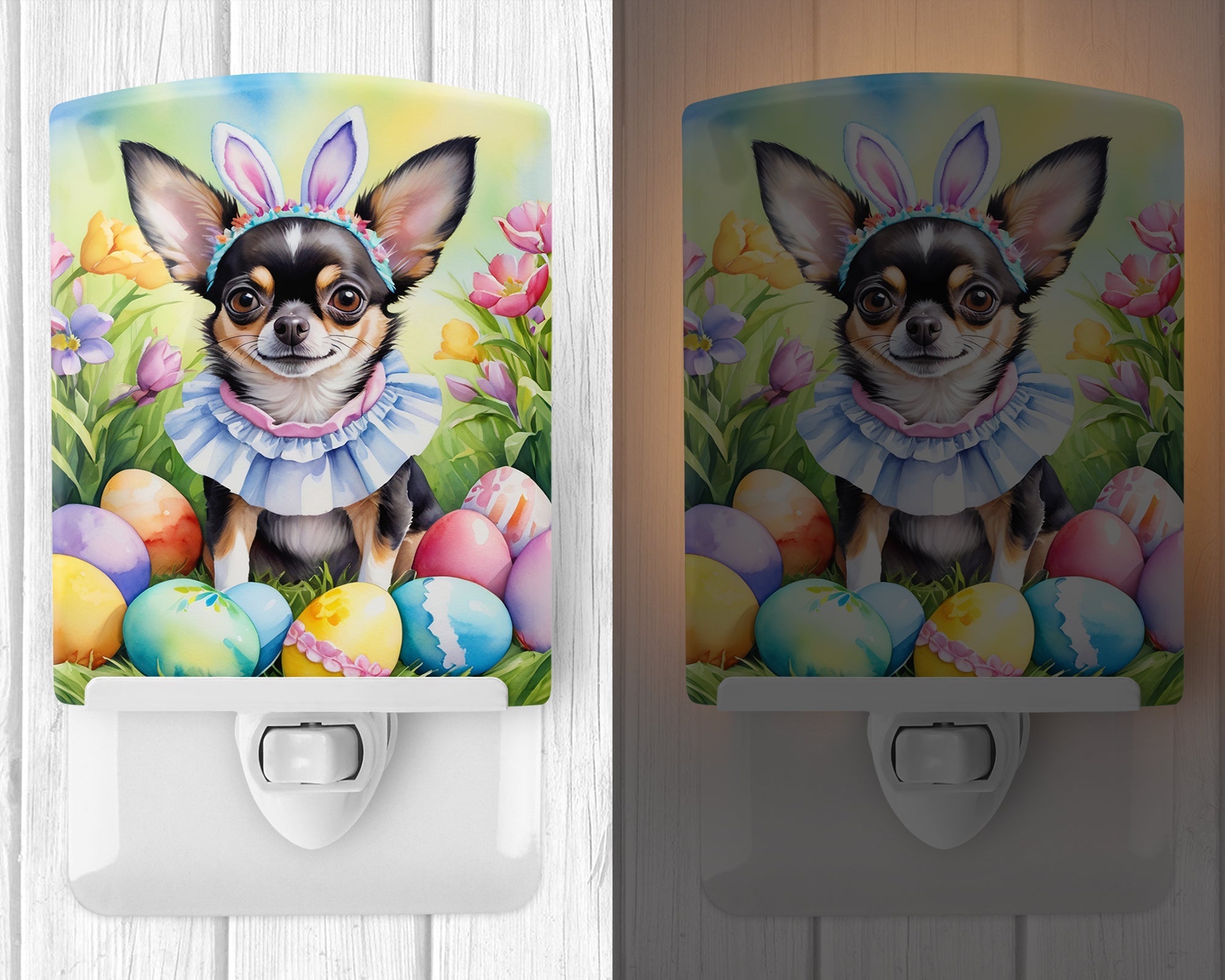 Chihuahua Easter Egg Hunt Ceramic Night Light Compact, UL-Certified, Ideal for Bedroom, Bathroom, Nursery, Hallway, Kitchen, 6x4x3, Multicolor