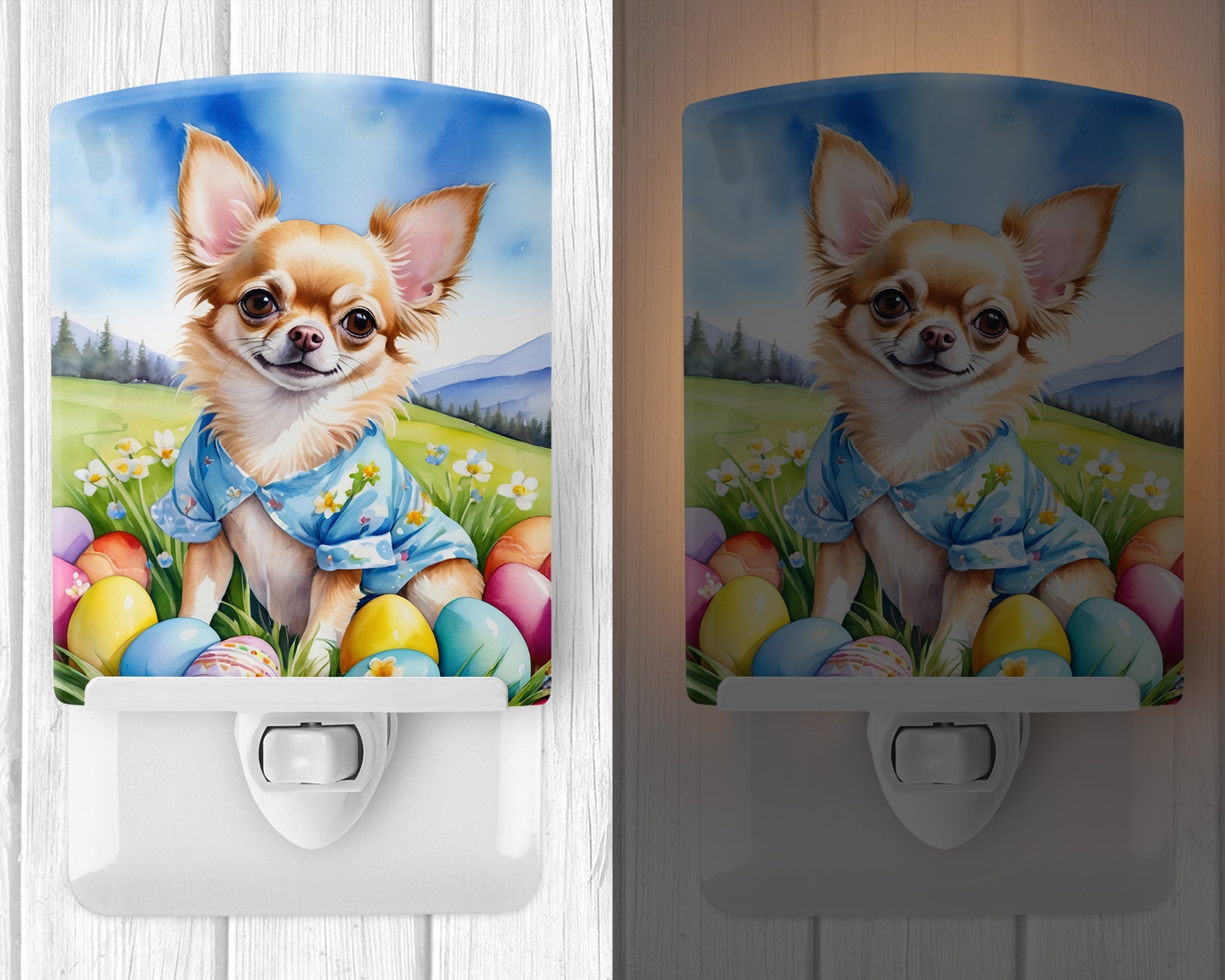 Chihuahua Easter Egg Hunt Ceramic Night Light Compact, UL-Certified, Ideal for Bedroom, Bathroom, Nursery, Hallway, Kitchen, 6x4x3, Multicolor