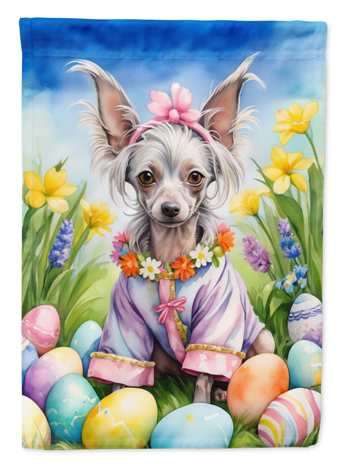 Chinese Crested Easter Egg Hunt House Flag 28x40 Porch Sleeve Pole Decorative Outside Yard Banner Artwork Wall Hanging, Polyester