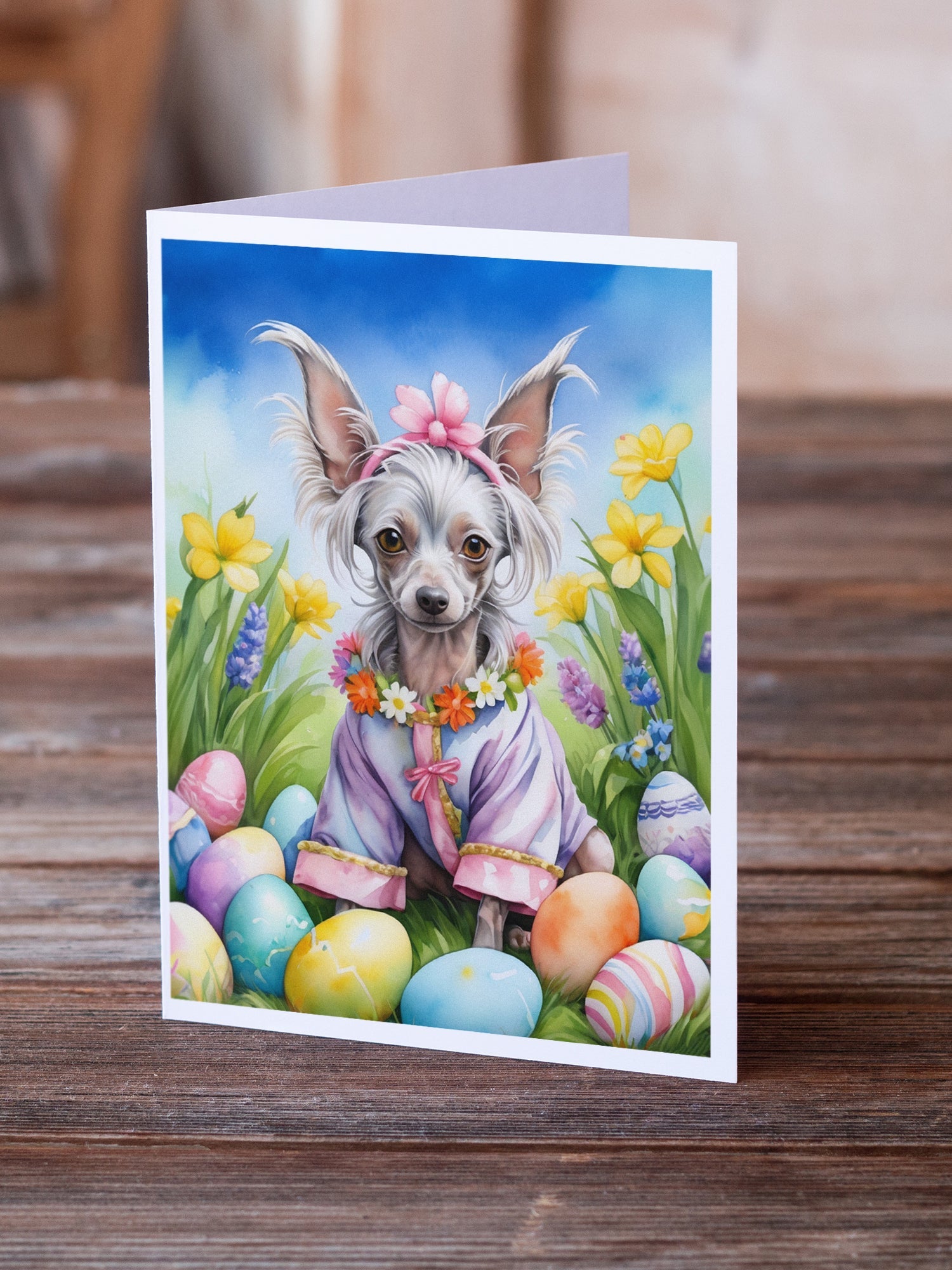 Chinese Crested Easter Egg Hunt Greeting Cards Pack of 8 Blank Cards with Envelopes Whimsical A7 Size 5x7