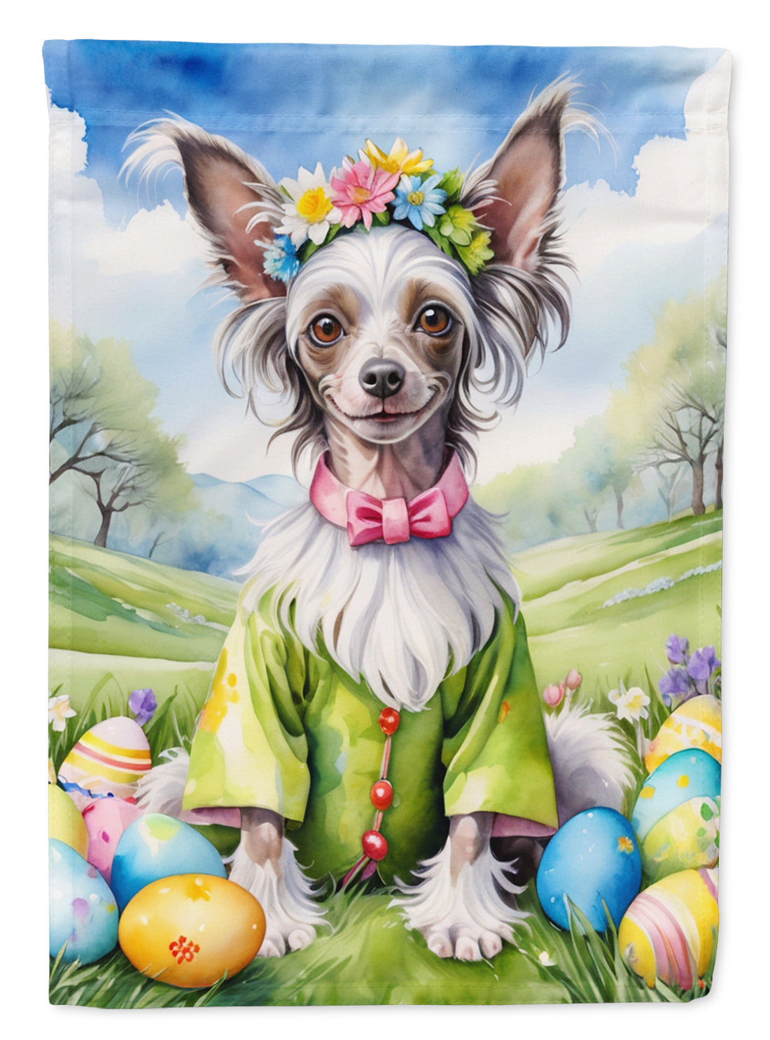Chinese Crested Easter Egg Hunt House Flag 28x40 Porch Sleeve Pole Decorative Outside Yard Banner Artwork Wall Hanging, Polyester