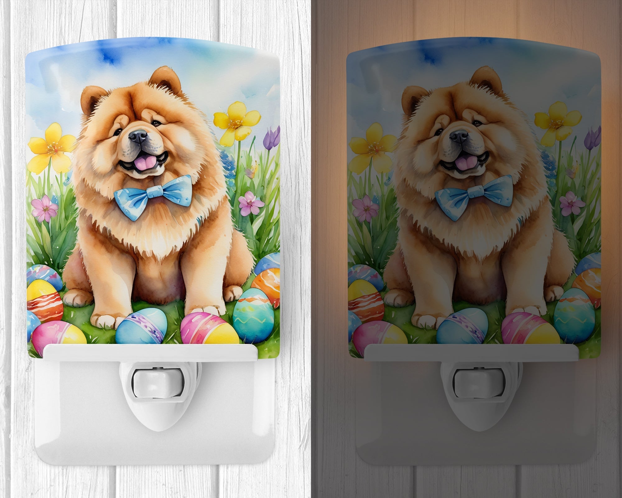 Chow Chow Easter Egg Hunt Ceramic Night Light Compact, UL-Certified, Ideal for Bedroom, Bathroom, Nursery, Hallway, Kitchen, 6x4x3, Multicolor
