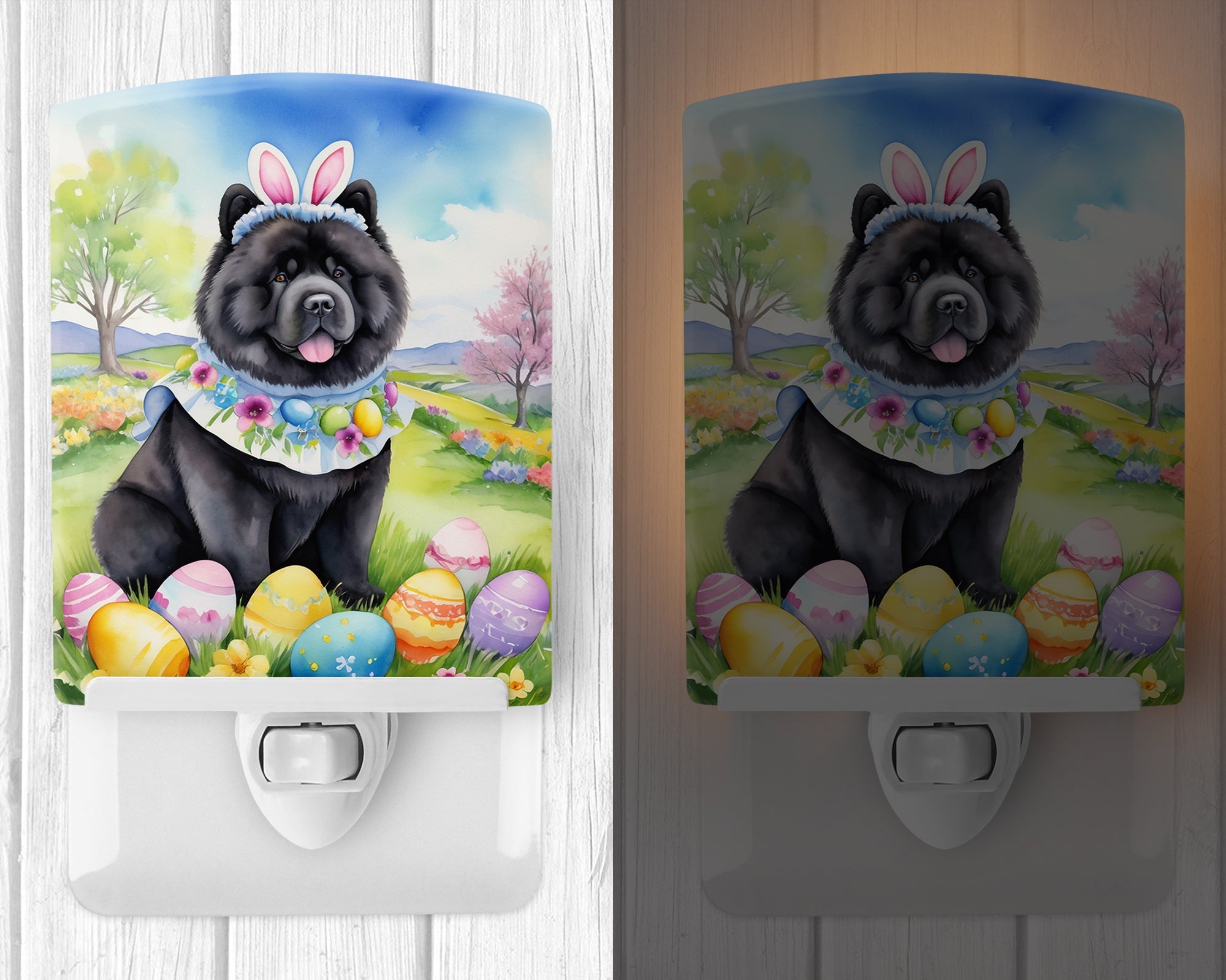 Chow Chow Easter Egg Hunt Ceramic Night Light Compact, UL-Certified, Ideal for Bedroom, Bathroom, Nursery, Hallway, Kitchen, 6x4x3, Multicolor