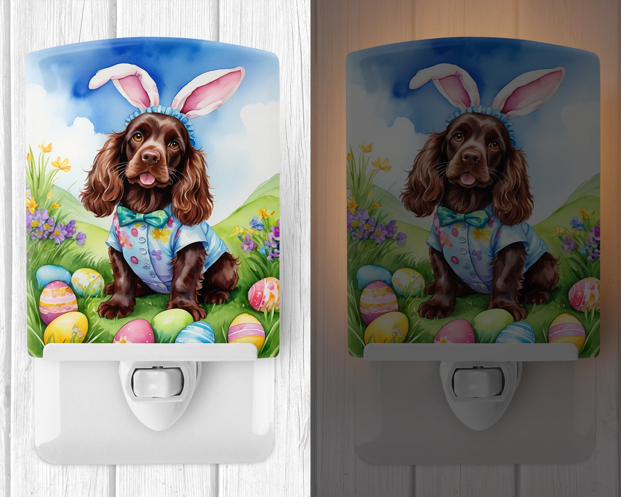 Cocker Spaniel Easter Egg Hunt Ceramic Night Light Compact, UL-Certified, Ideal for Bedroom, Bathroom, Nursery, Hallway, Kitchen, 6x4x3, Multicolor