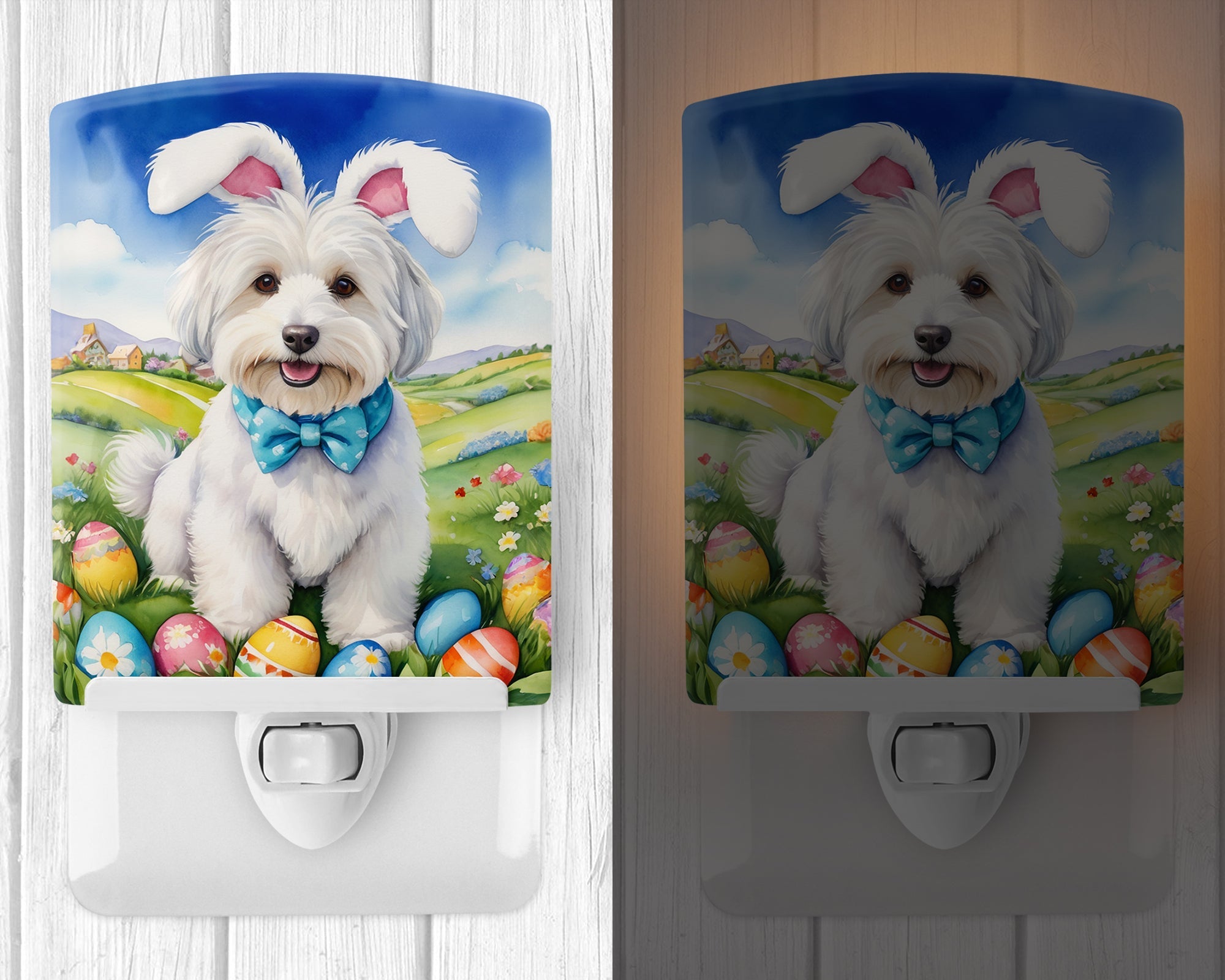 Coton de Tulear Easter Egg Hunt Ceramic Night Light Compact, UL-Certified, Ideal for Bedroom, Bathroom, Nursery, Hallway, Kitchen, 6x4x3, Multicolor