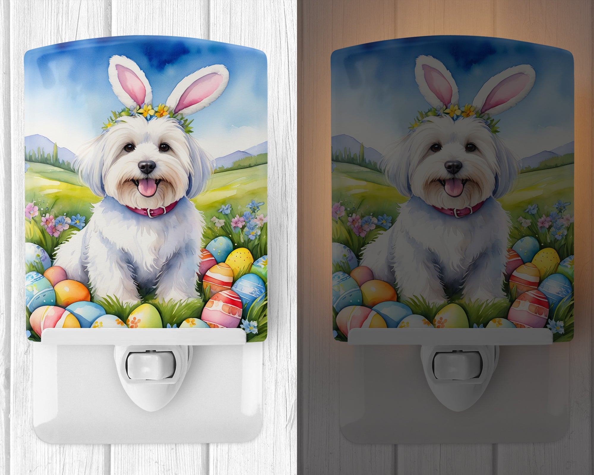Coton de Tulear Easter Egg Hunt Ceramic Night Light Compact, UL-Certified, Ideal for Bedroom, Bathroom, Nursery, Hallway, Kitchen, 6x4x3, Multicolor